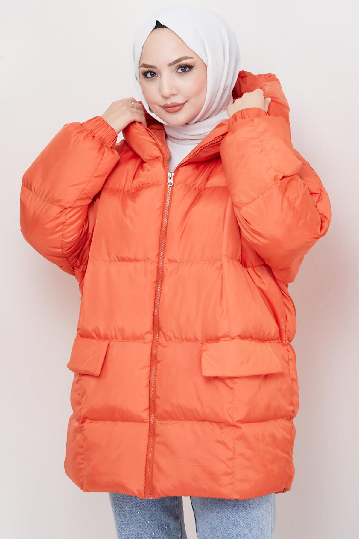 Kapşonlu Oversize Şişme Mont Turuncu HM2314