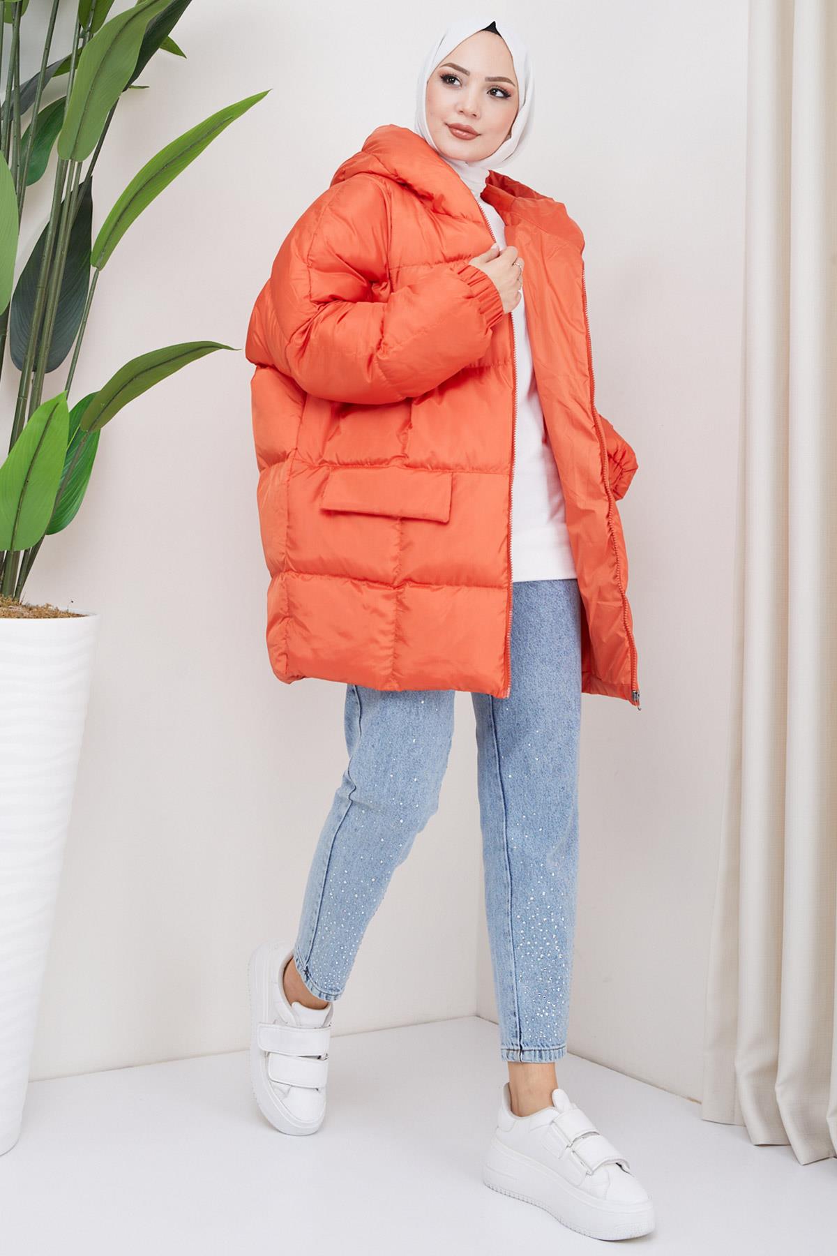 Kapşonlu Oversize Şişme Mont Turuncu HM2314