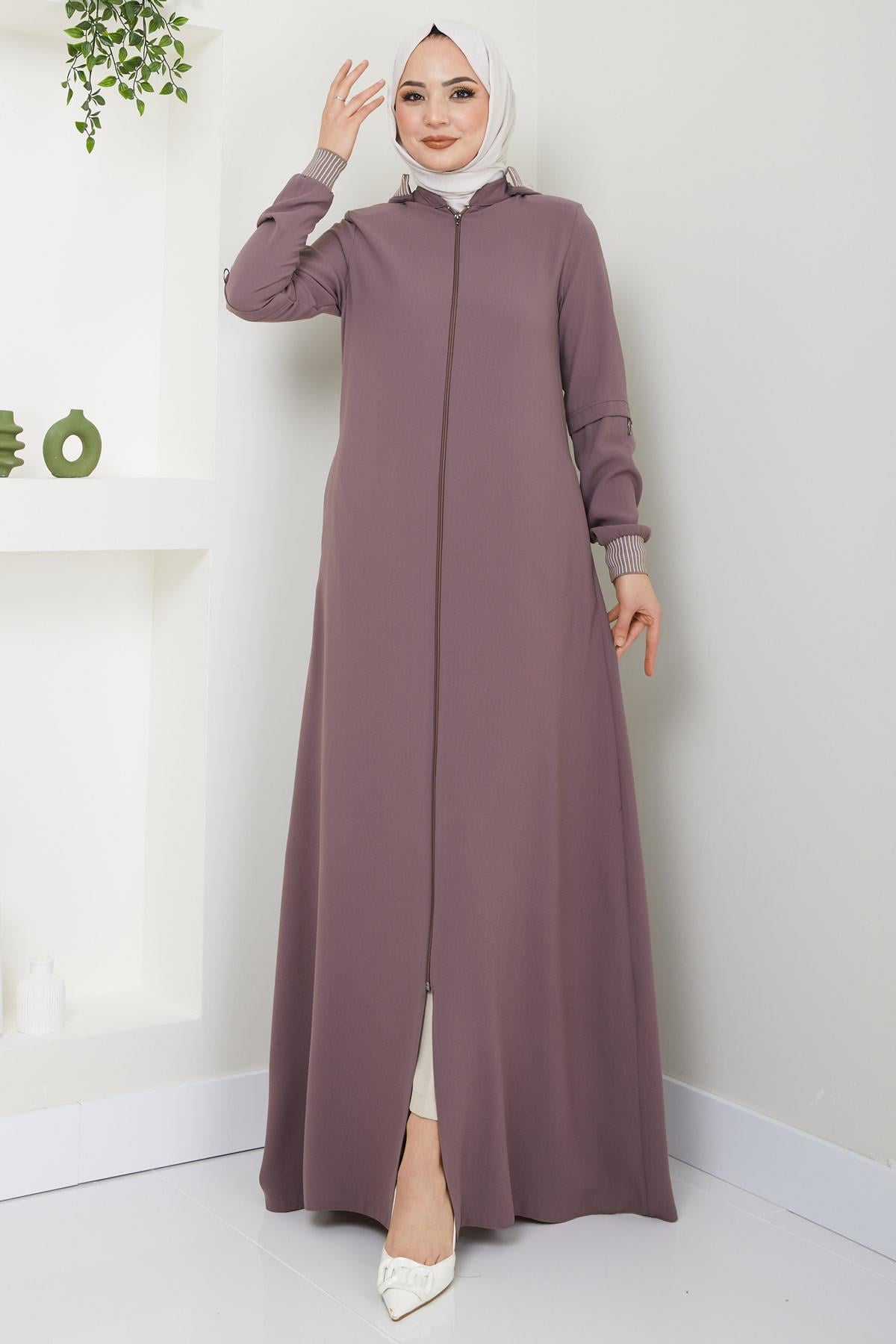 Kapşonlu Ribanalı Ferace Gül Kurusu HM2395