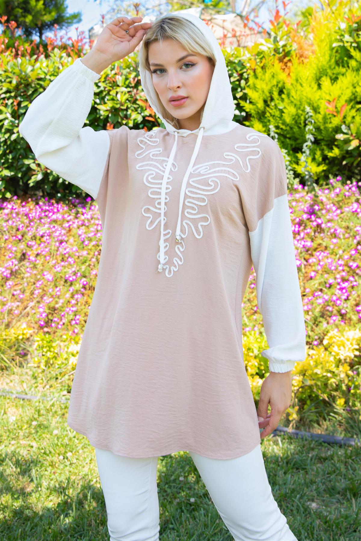 Kapüşonlu Aerobin Tunik Bej
