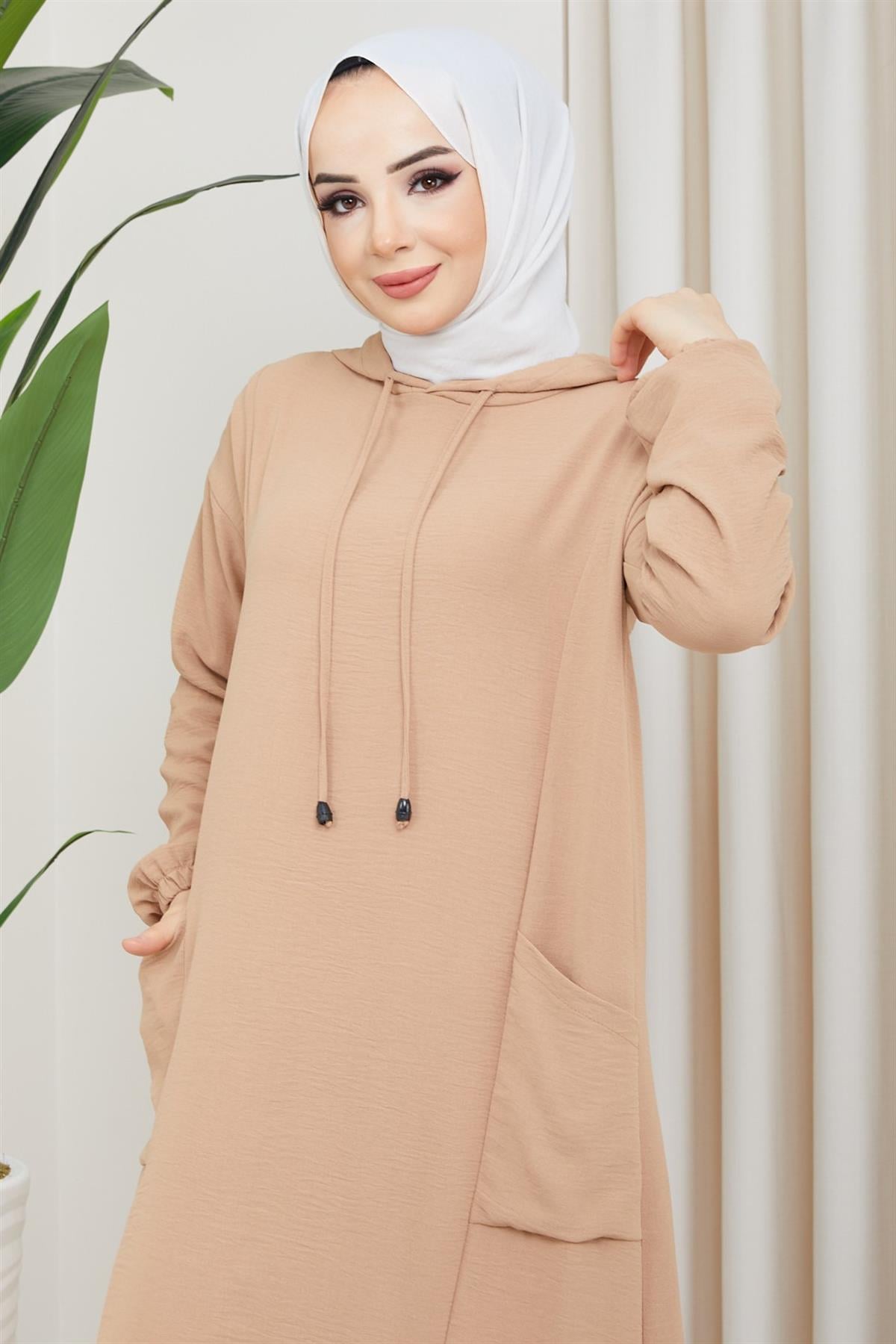Kapüşonlu Spor Tesettür Elbise Camel