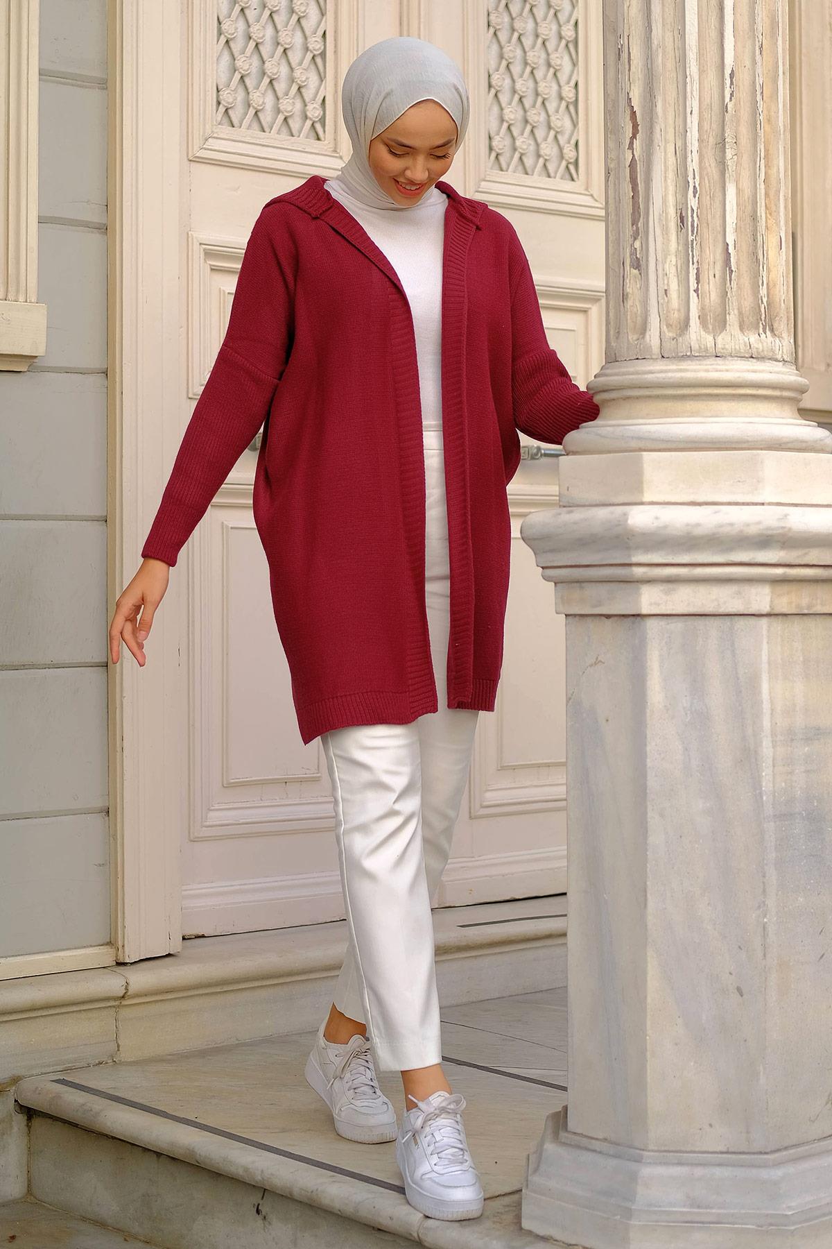Kapüşonlu Triko Hırka Bordo HM2245