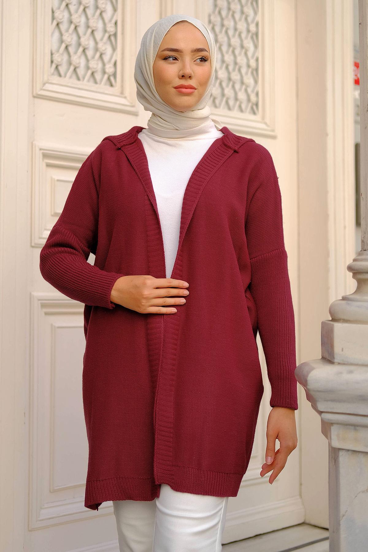 Kapüşonlu Triko Hırka Bordo HM2245