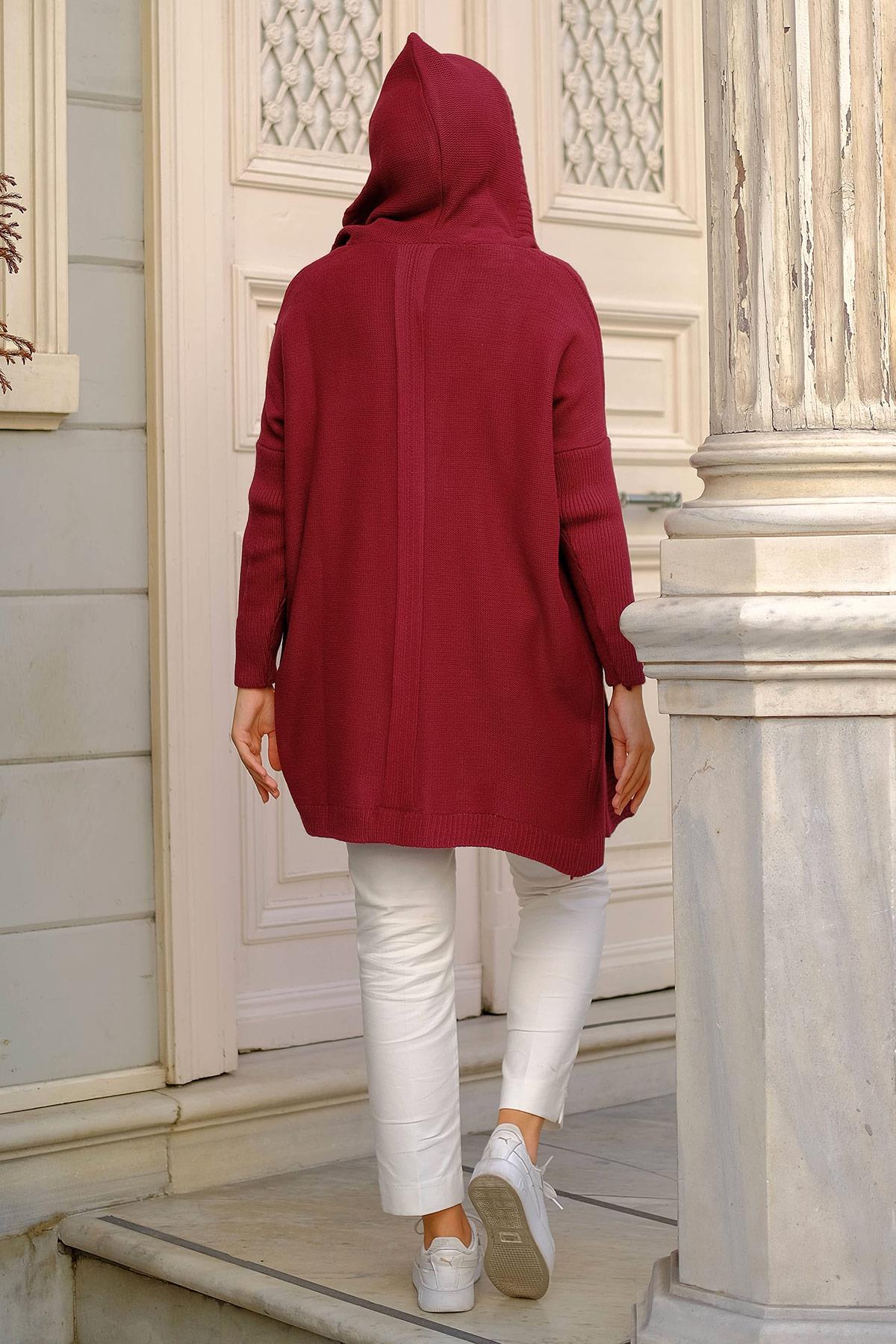 Kapüşonlu Triko Hırka Bordo HM2245