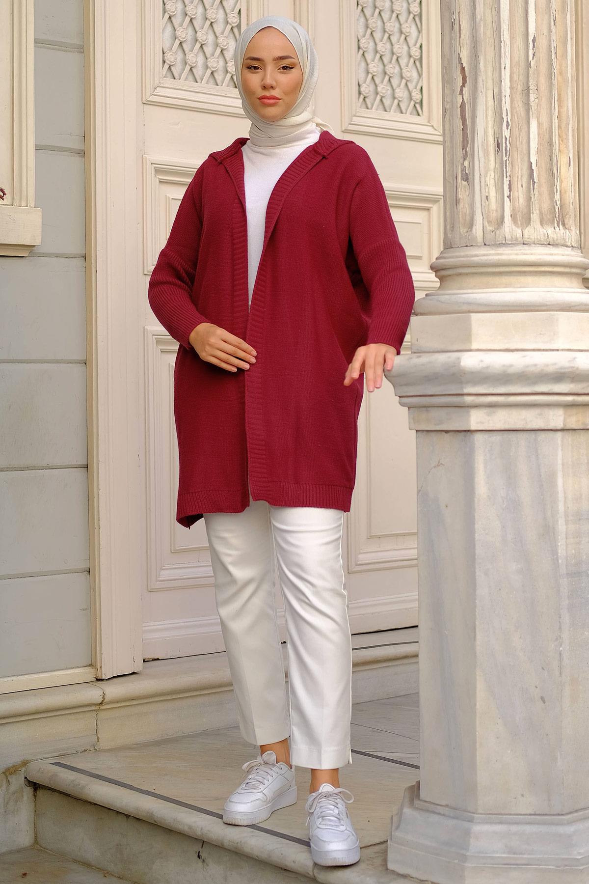 Kapüşonlu Triko Hırka Bordo HM2245