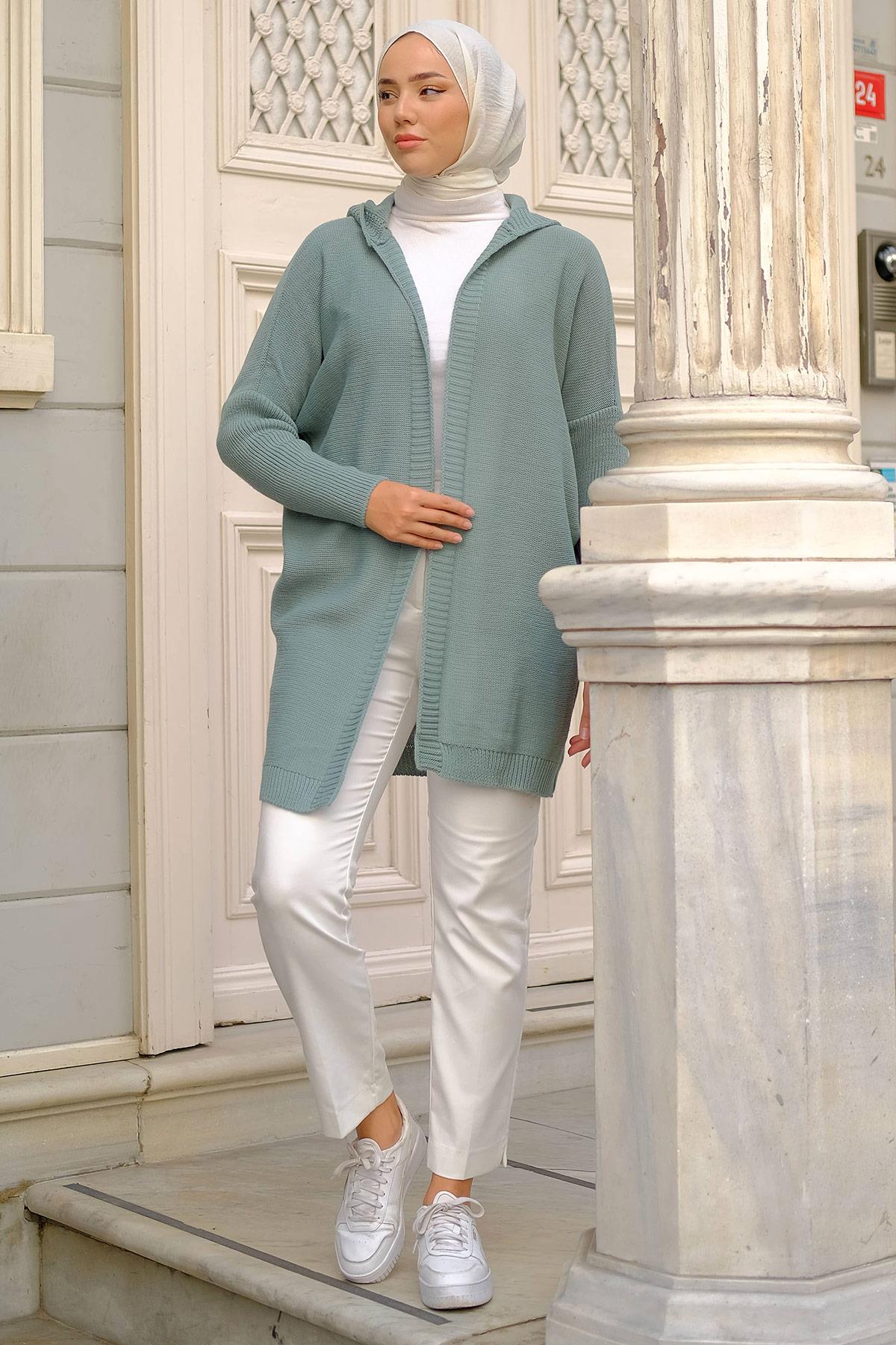 Kapüşonlu Triko Hırka Mint HM2245