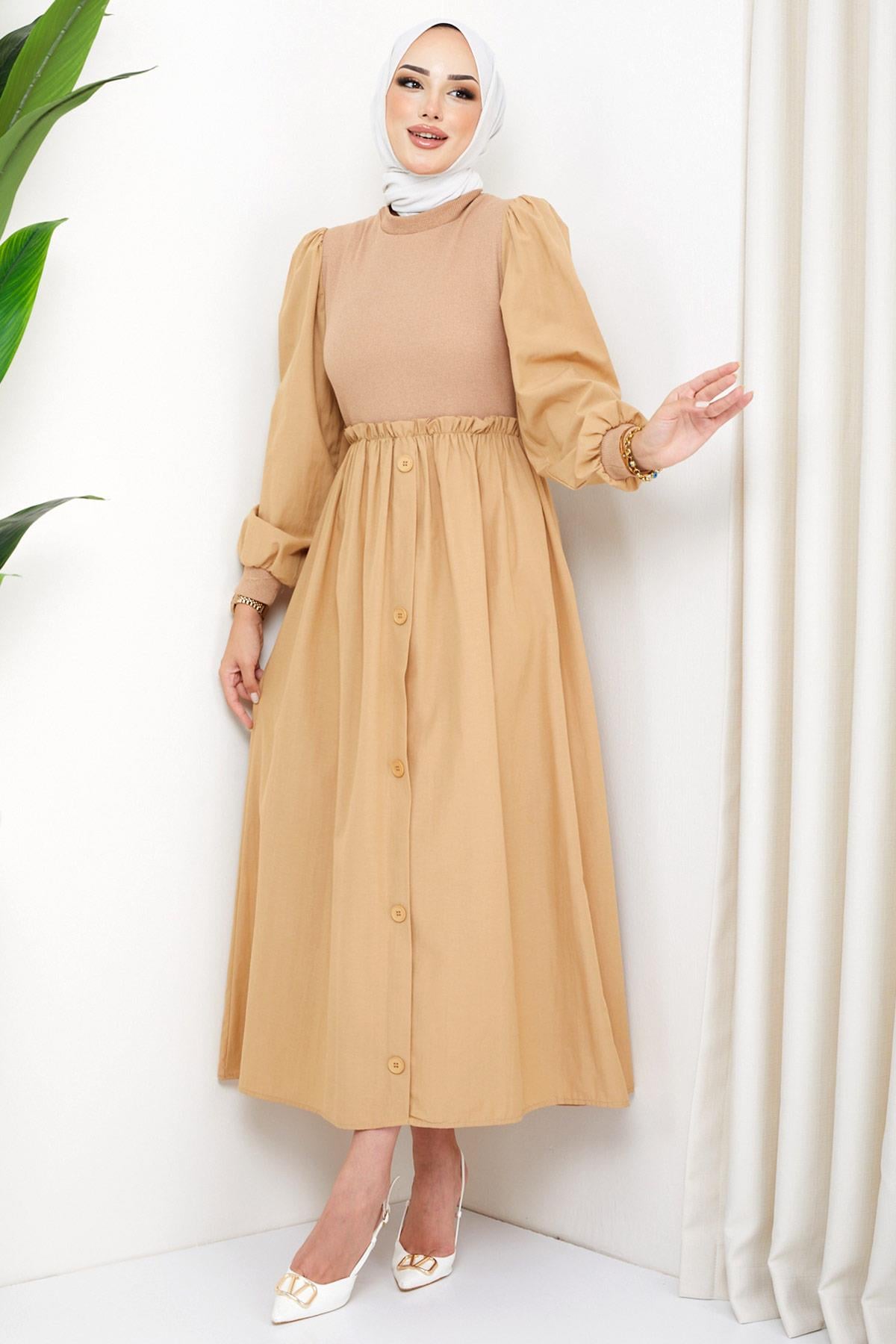 Kaşkorse Garnili Elbise Camel HM2249