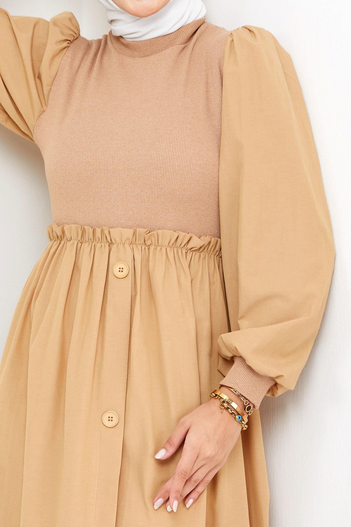 Kaşkorse Garnili Elbise Camel HM2249