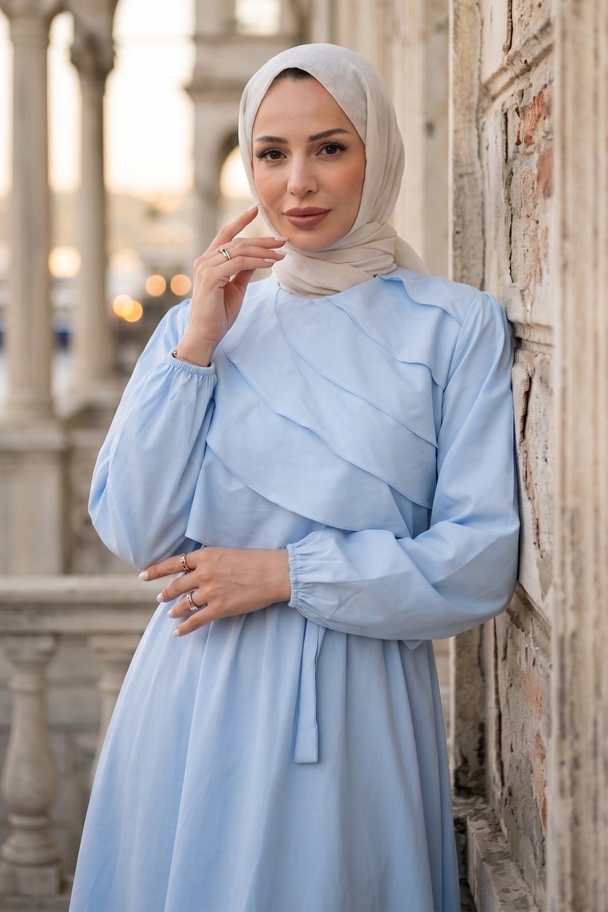 Kat Detaylı Beli Lastikli  Kuşaklı Elbise Bebe Mavisi HM2947