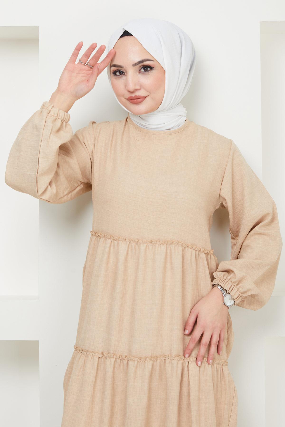 Kat Kat Büzgülü Elbise Bej HM2369