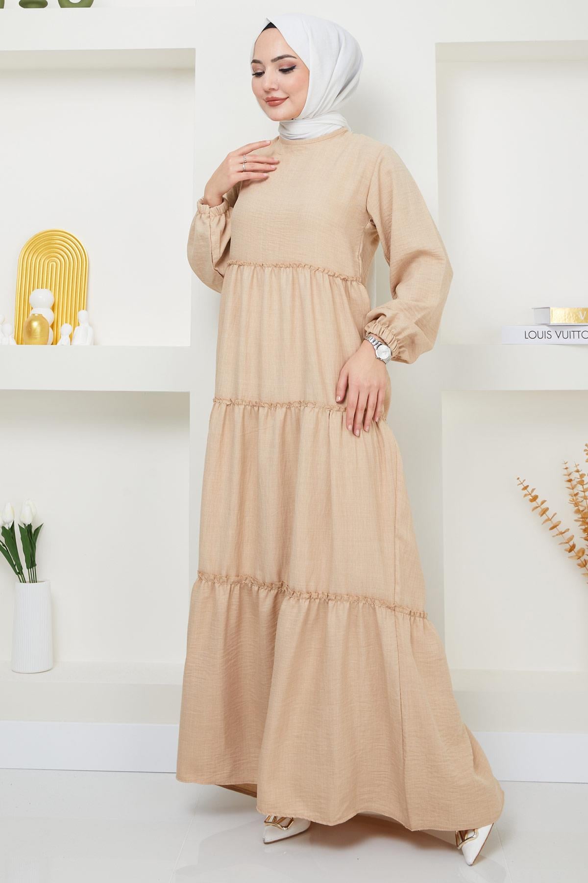 Kat Kat Büzgülü Elbise Bej HM2369