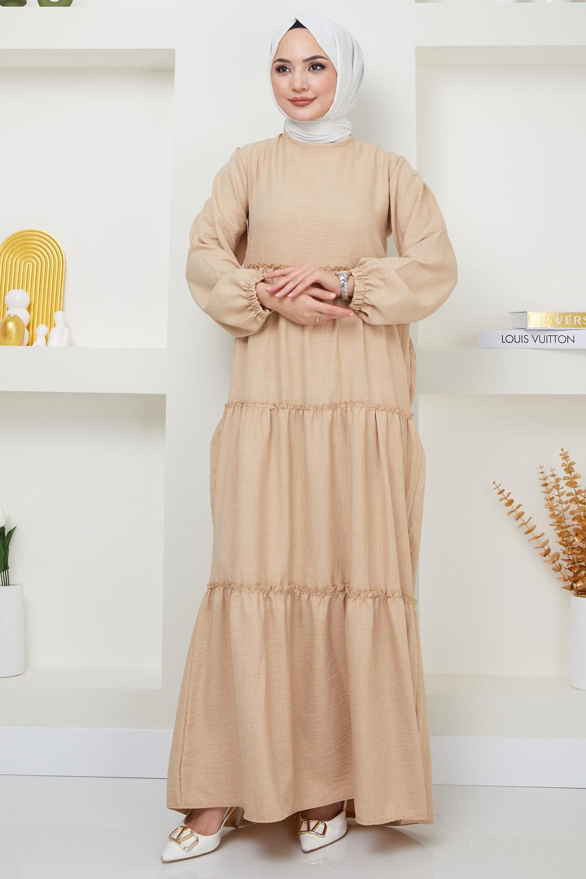 Kat Kat Büzgülü Elbise Bej HM2369