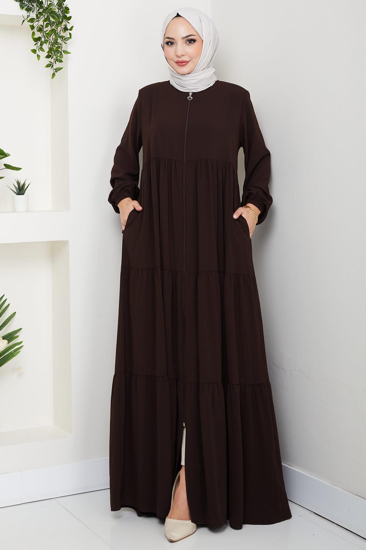 Kat Kat Büzgülü Ferace Acı Kahve HM2735