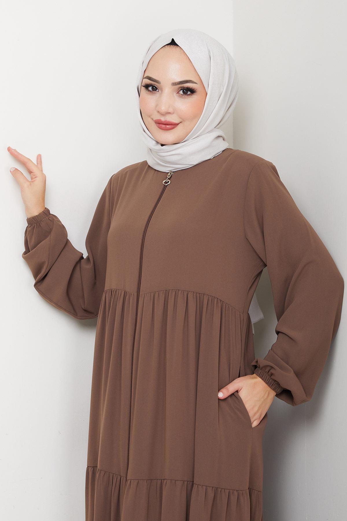 Kat Kat Büzgülü Ferace Açık Kahve HM2735