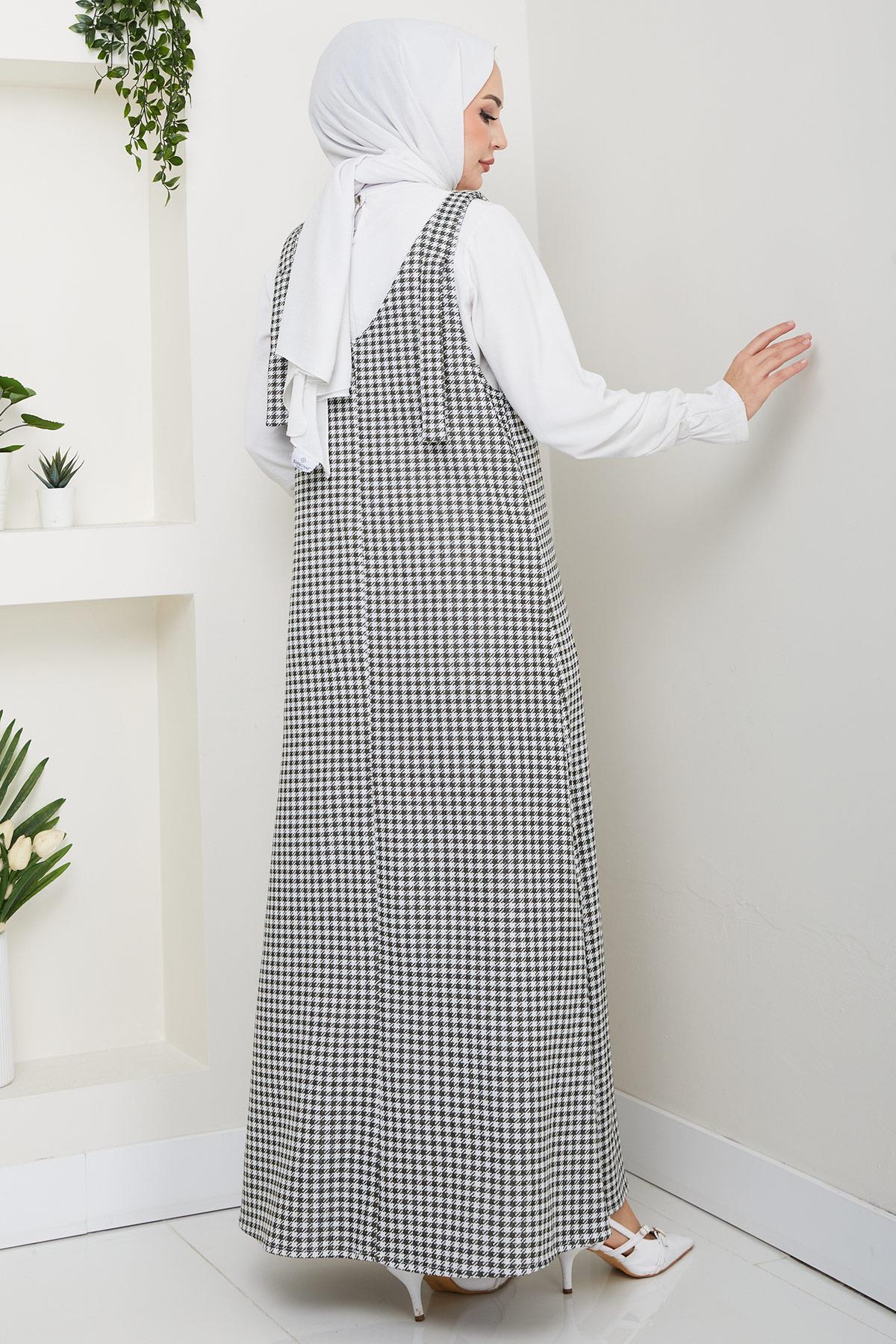 Kaz Ayağı Desen Jile Elbise Haki HM2865