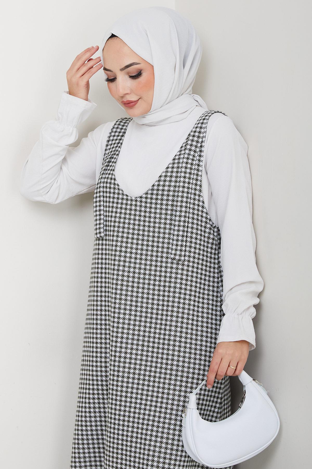 Kaz Ayağı Desen Jile Elbise Haki HM2865