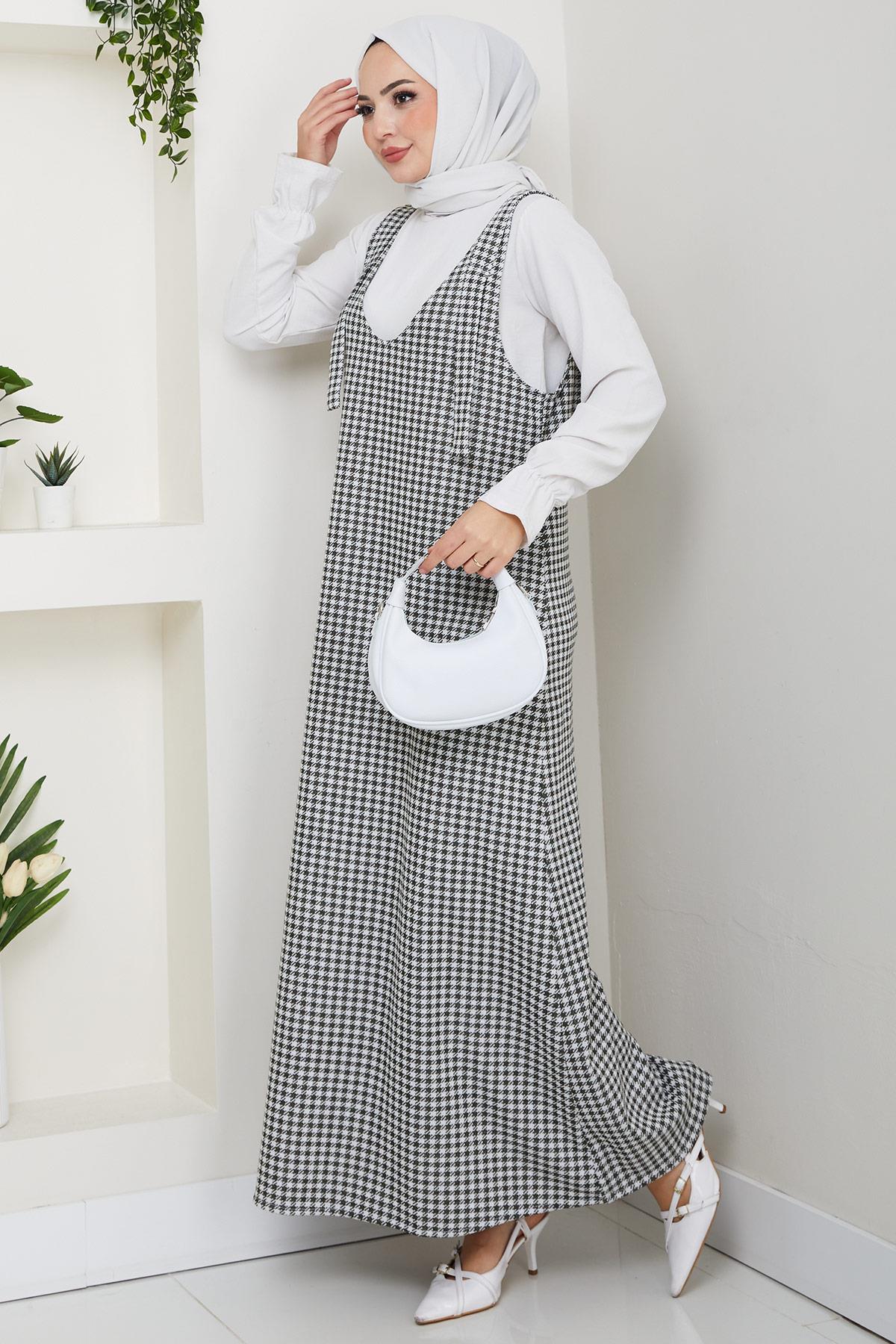 Kaz Ayağı Desen Jile Elbise Haki HM2865