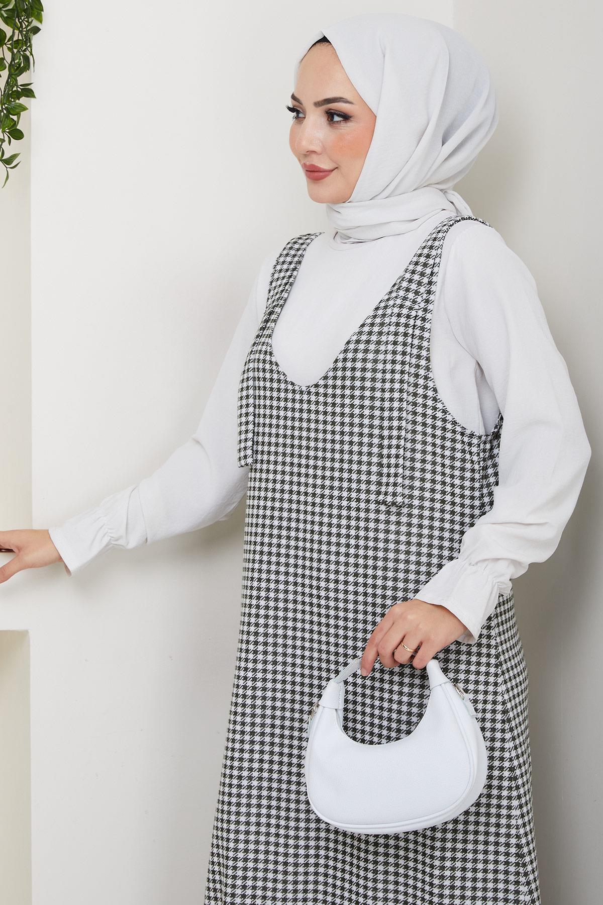 Kaz Ayağı Desen Jile Elbise Haki HM2865