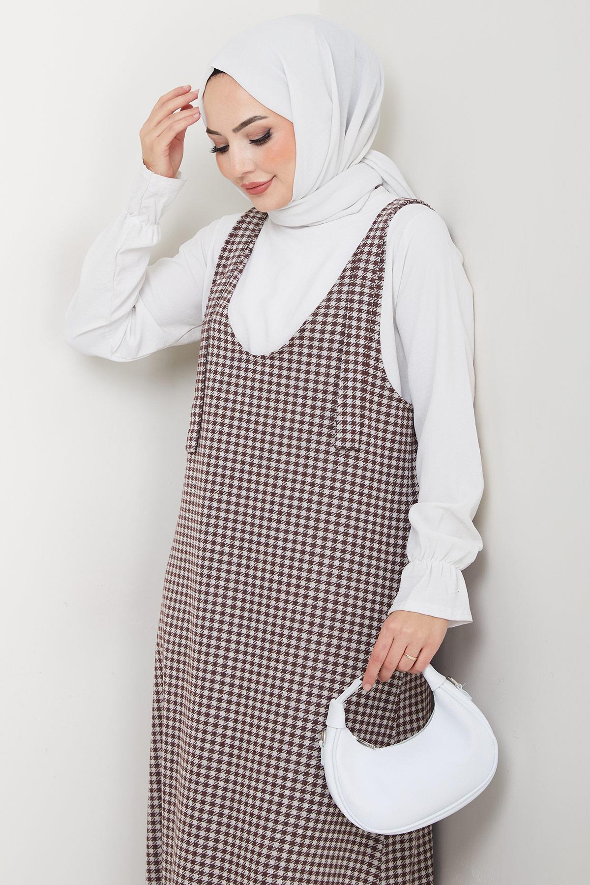 Kaz Ayağı Desen Jile Elbise Kahverengi HM2865