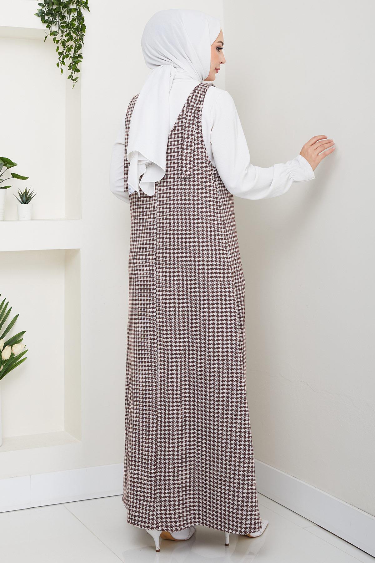 Kaz Ayağı Desen Jile Elbise Kahverengi HM2865