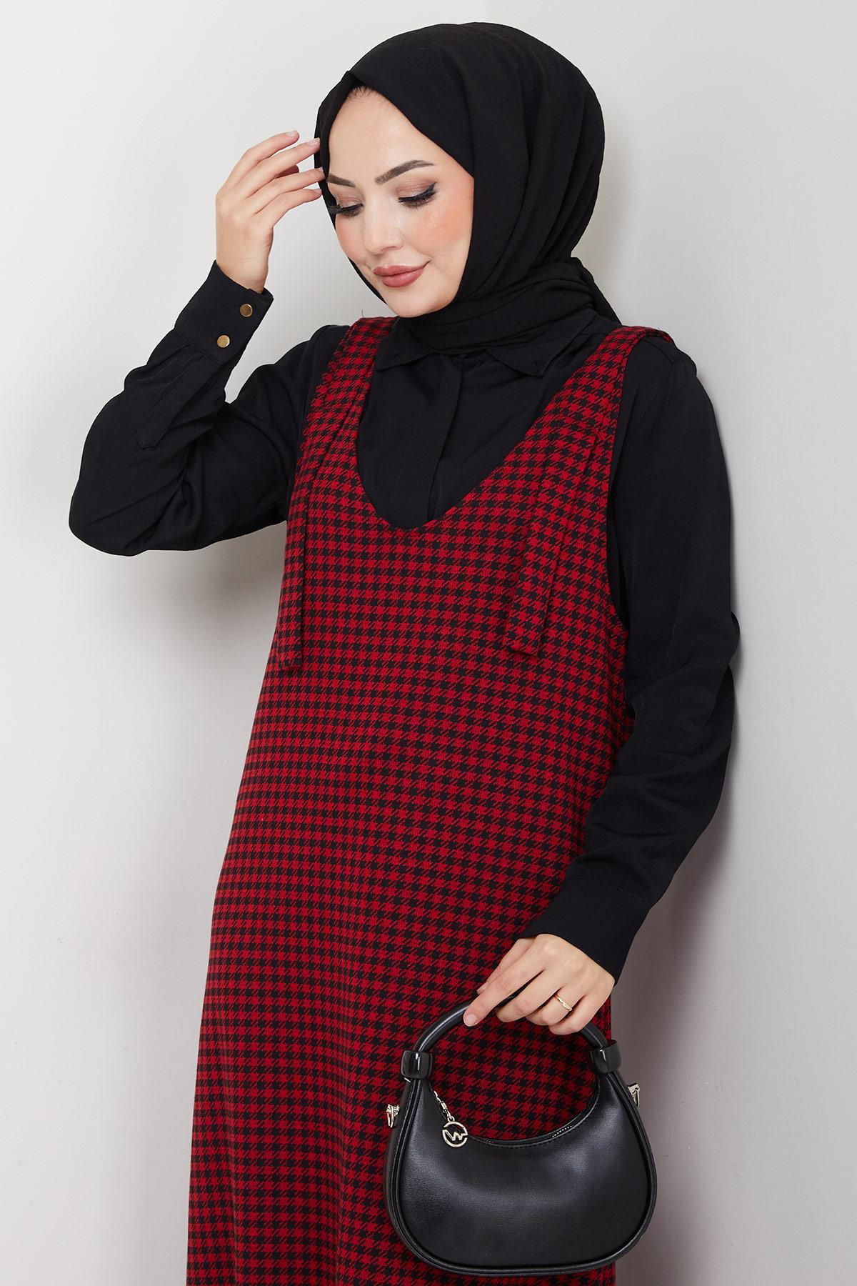 Kaz Ayağı Desen Jile Elbise Kırmızı HM2865