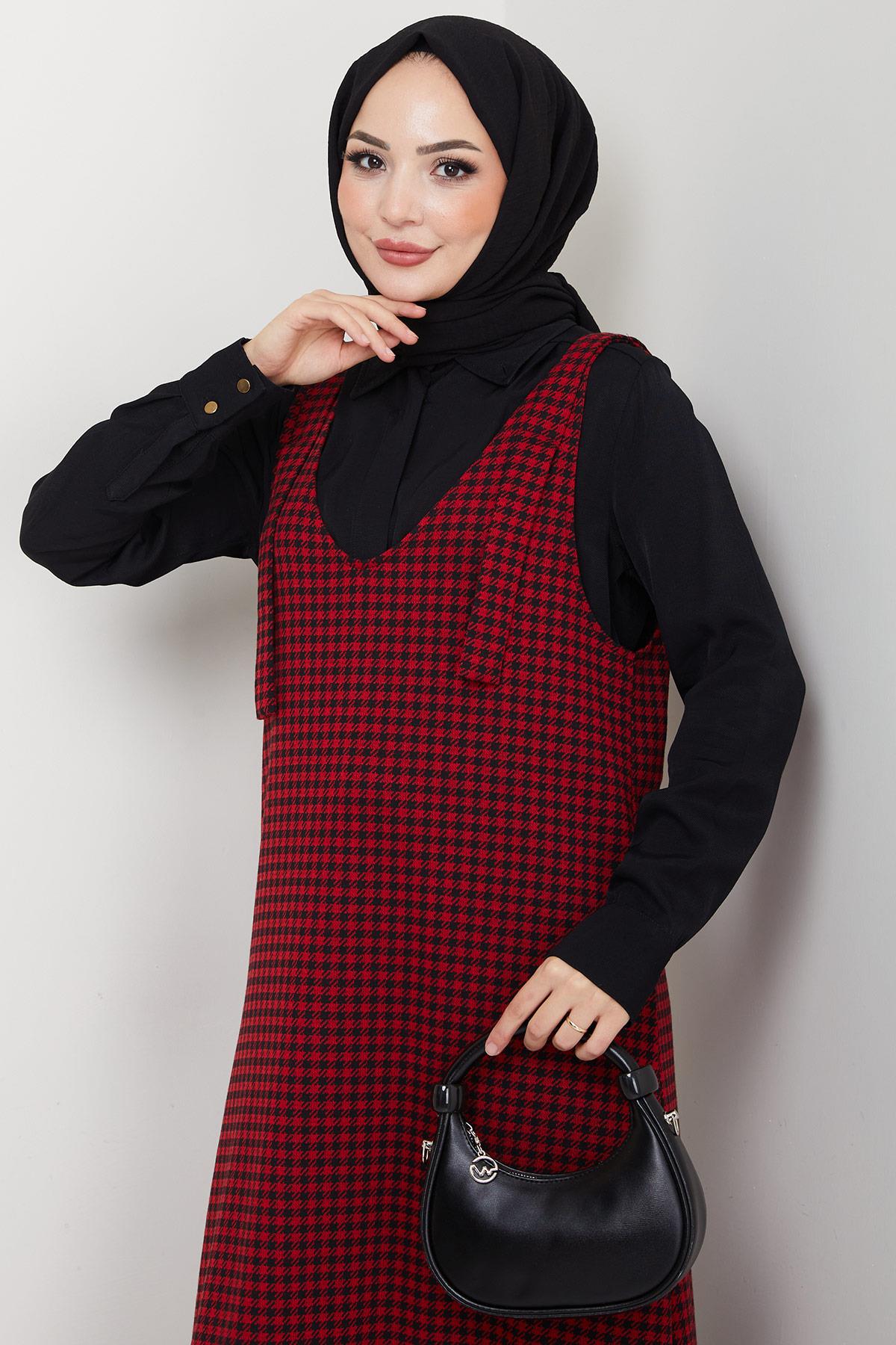 Kaz Ayağı Desen Jile Elbise Kırmızı HM2865