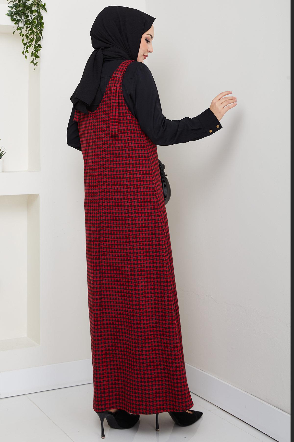 Kaz Ayağı Desen Jile Elbise Kırmızı HM2865