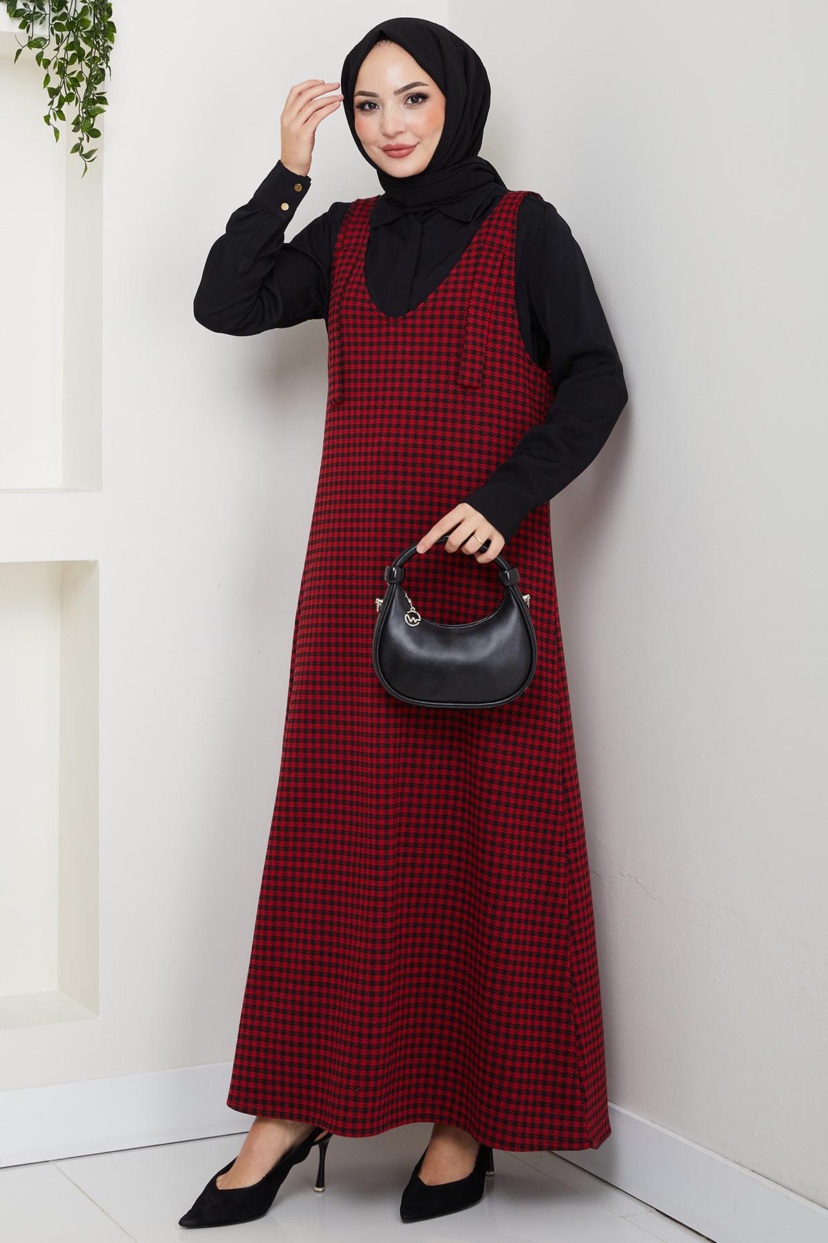 Kaz Ayağı Desen Jile Elbise Kırmızı HM2865