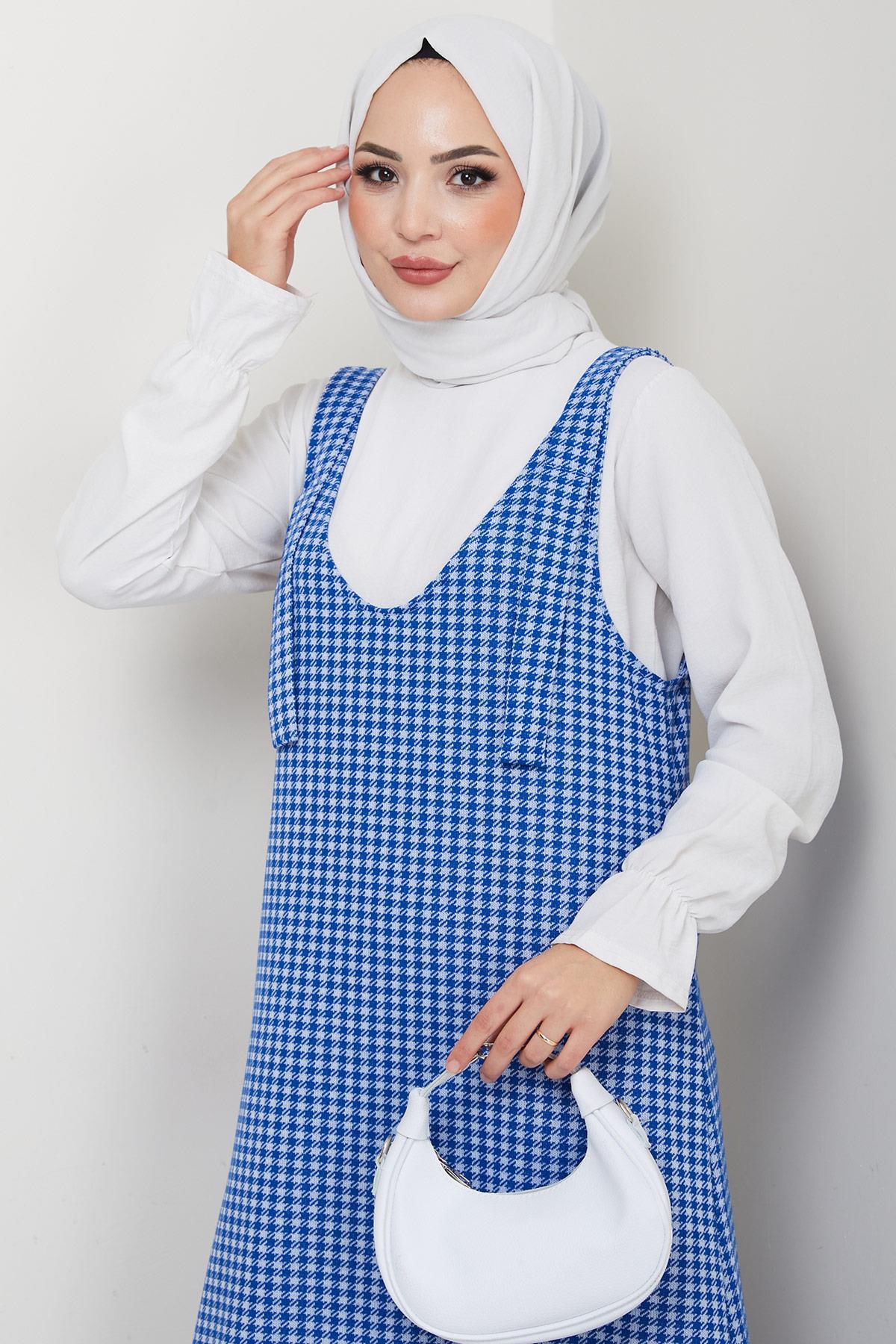 Kaz Ayağı Desen Jile Elbise Mavi HM2865