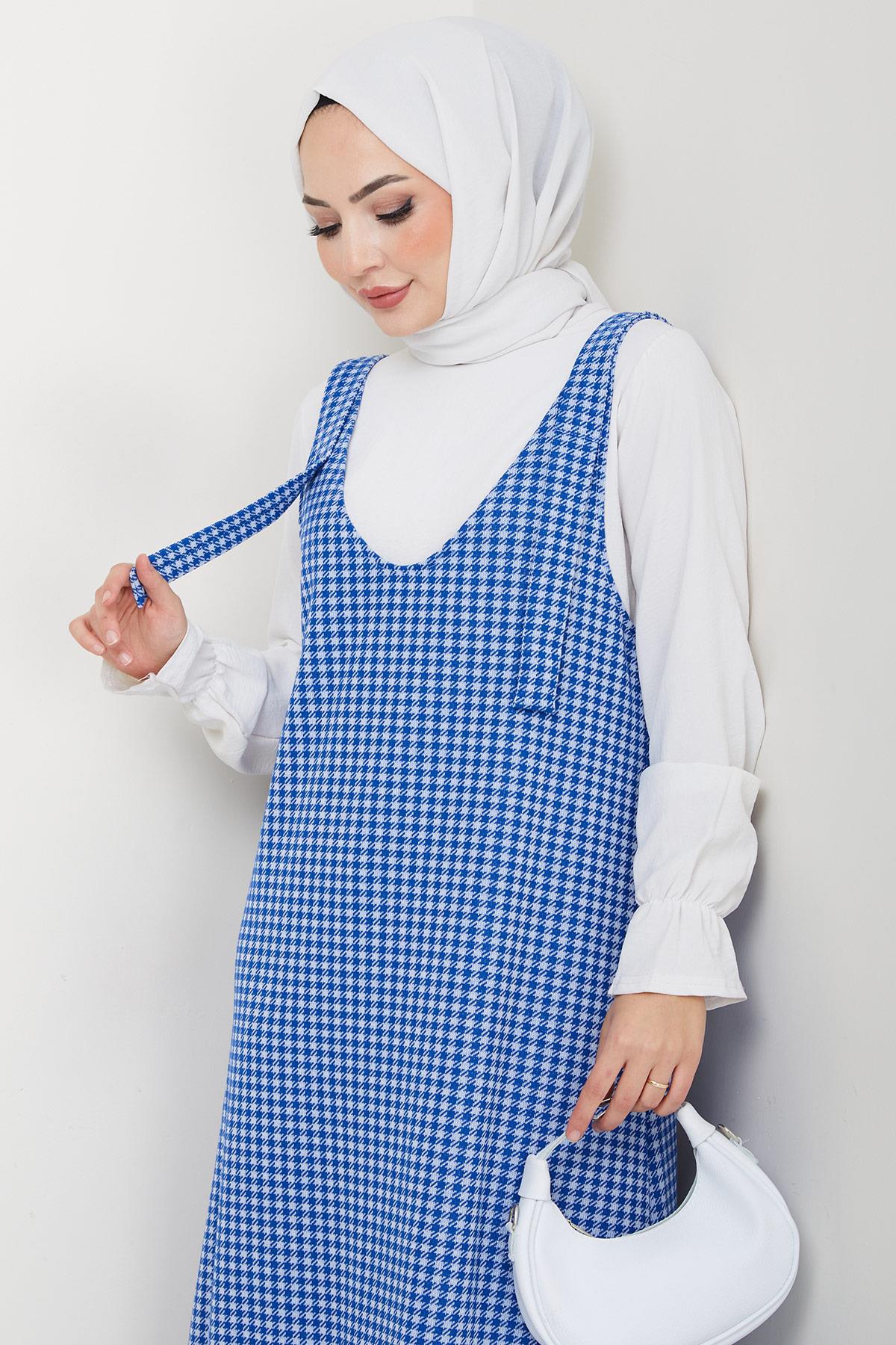 Kaz Ayağı Desen Jile Elbise Mavi HM2865