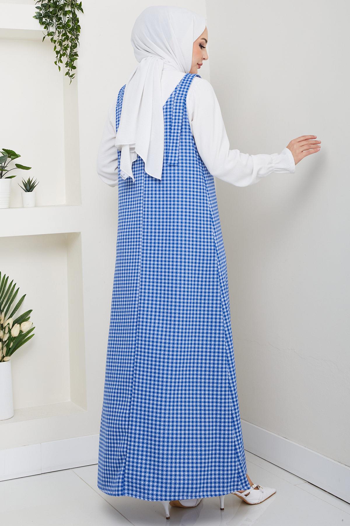 Kaz Ayağı Desen Jile Elbise Mavi HM2865