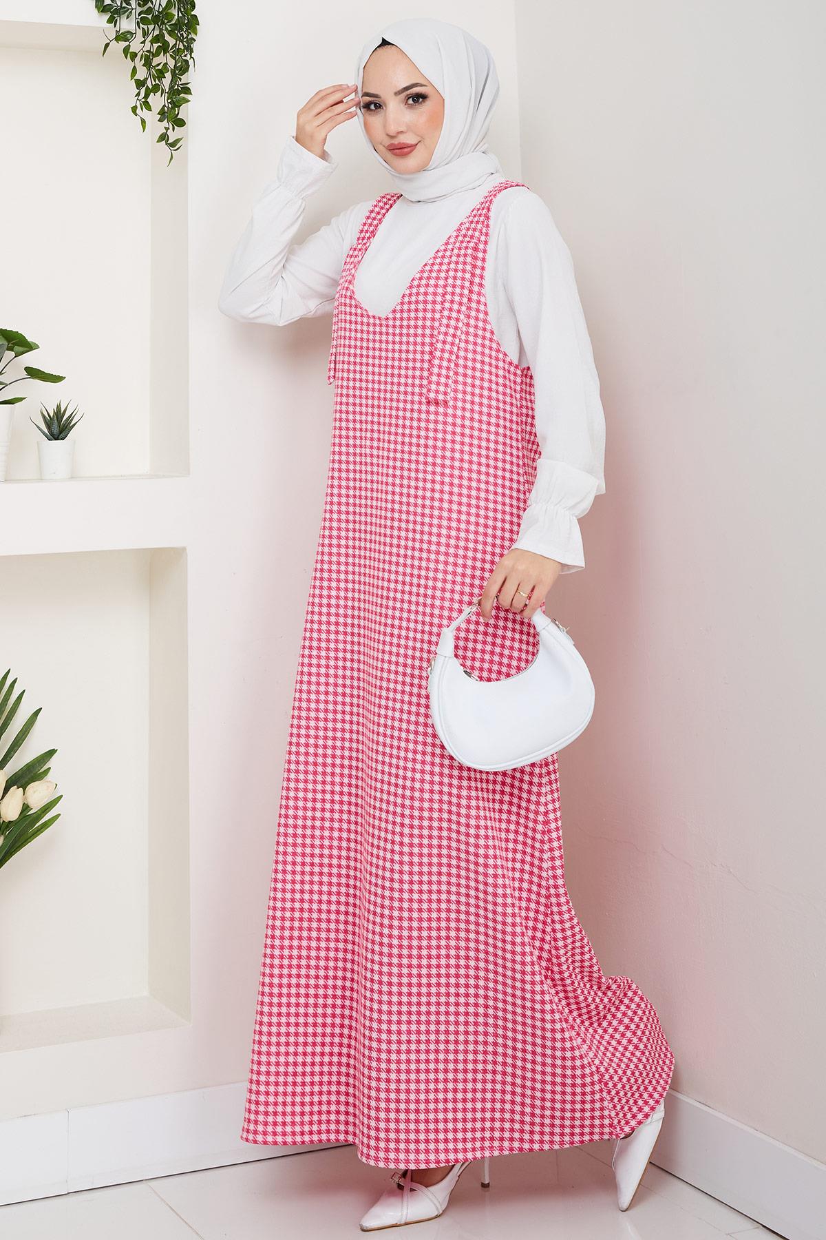 Kaz Ayağı Desen Jile Elbise Pembe HM2865