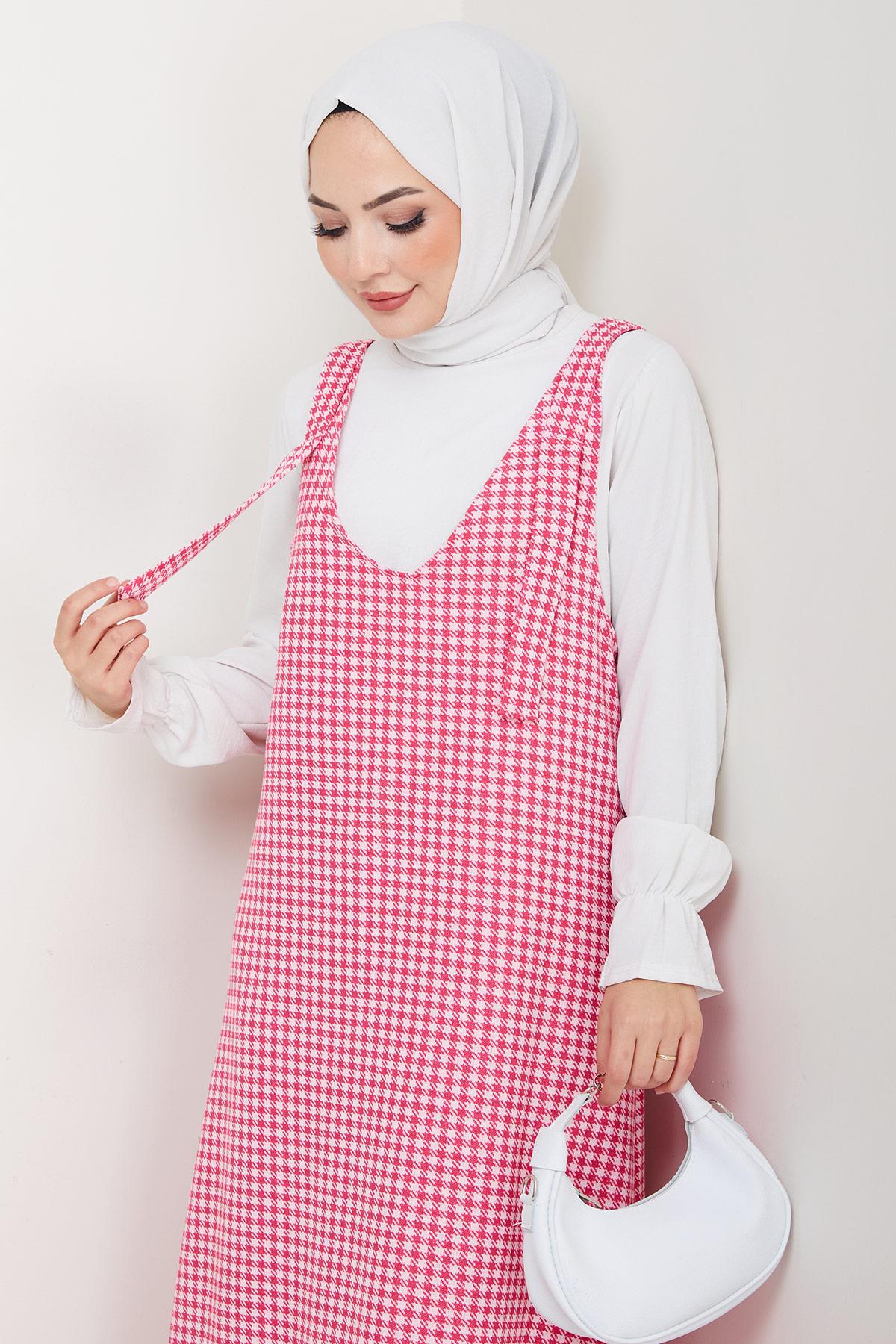 Kaz Ayağı Desen Jile Elbise Pembe HM2865