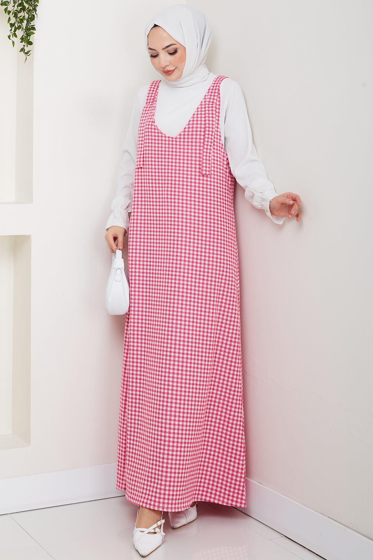 Kaz Ayağı Desen Jile Elbise Pembe HM2865