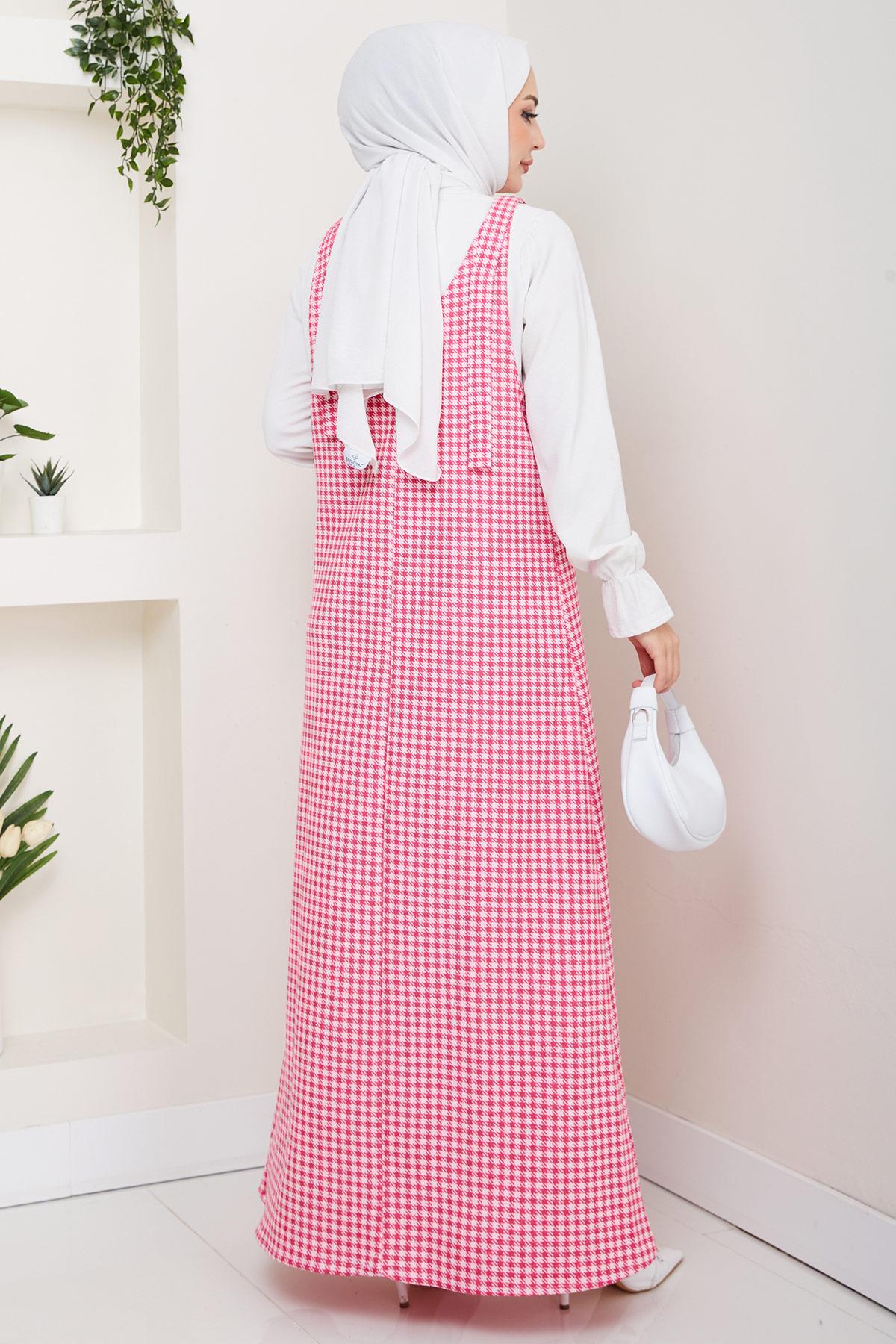 Kaz Ayağı Desen Jile Elbise Pembe HM2865