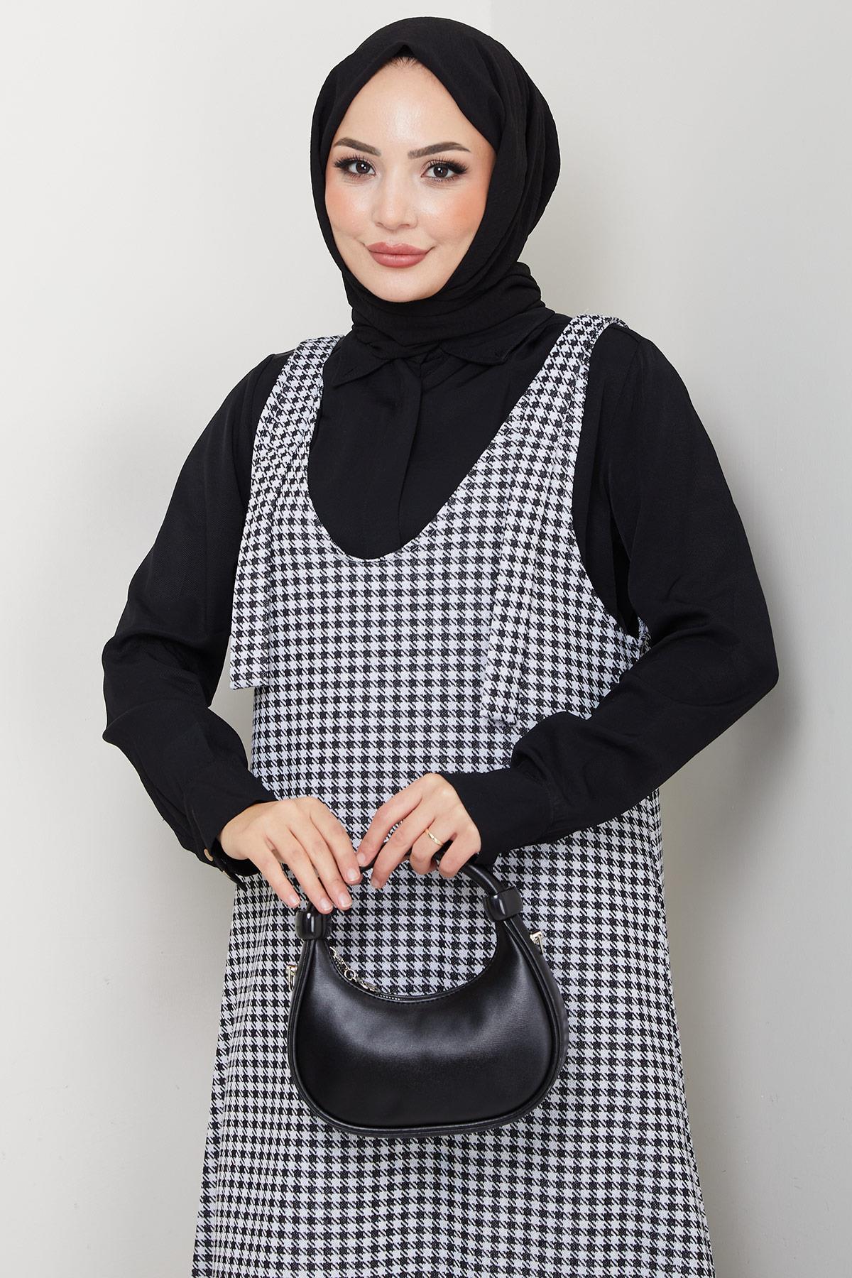 Kaz Ayağı Desen Jile Elbise Siyah HM2865