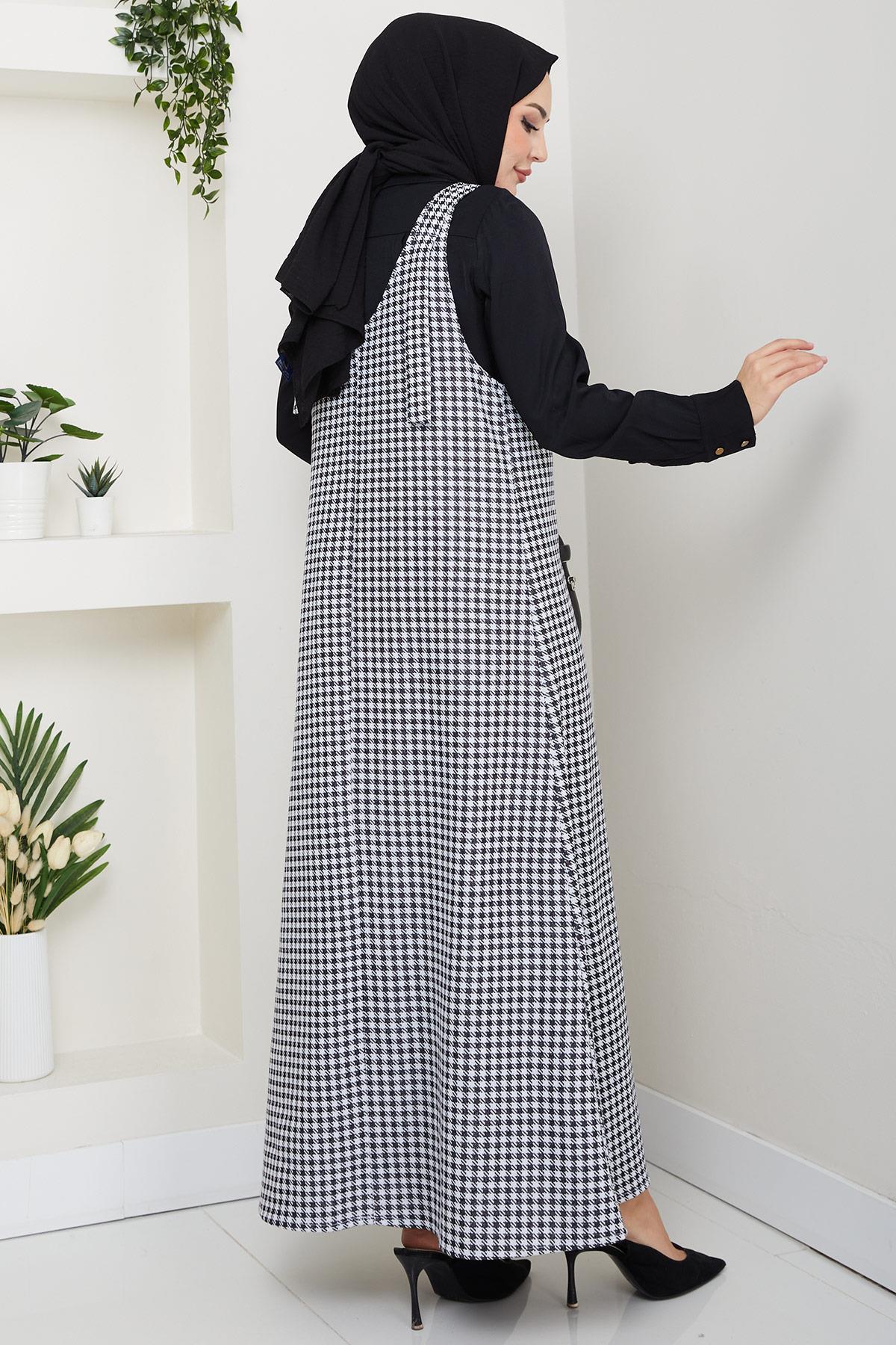 Kaz Ayağı Desen Jile Elbise Siyah HM2865