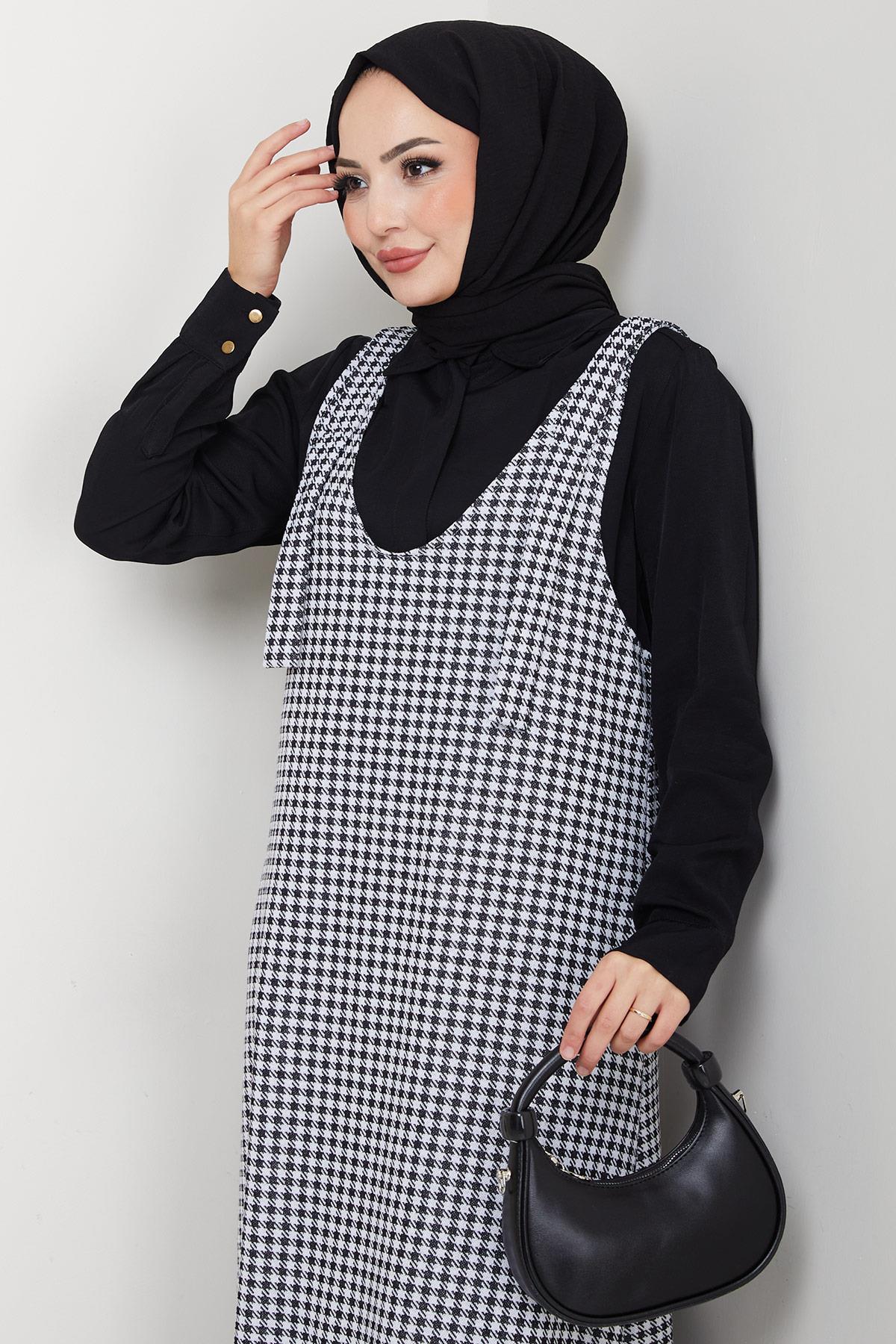 Kaz Ayağı Desen Jile Elbise Siyah HM2865