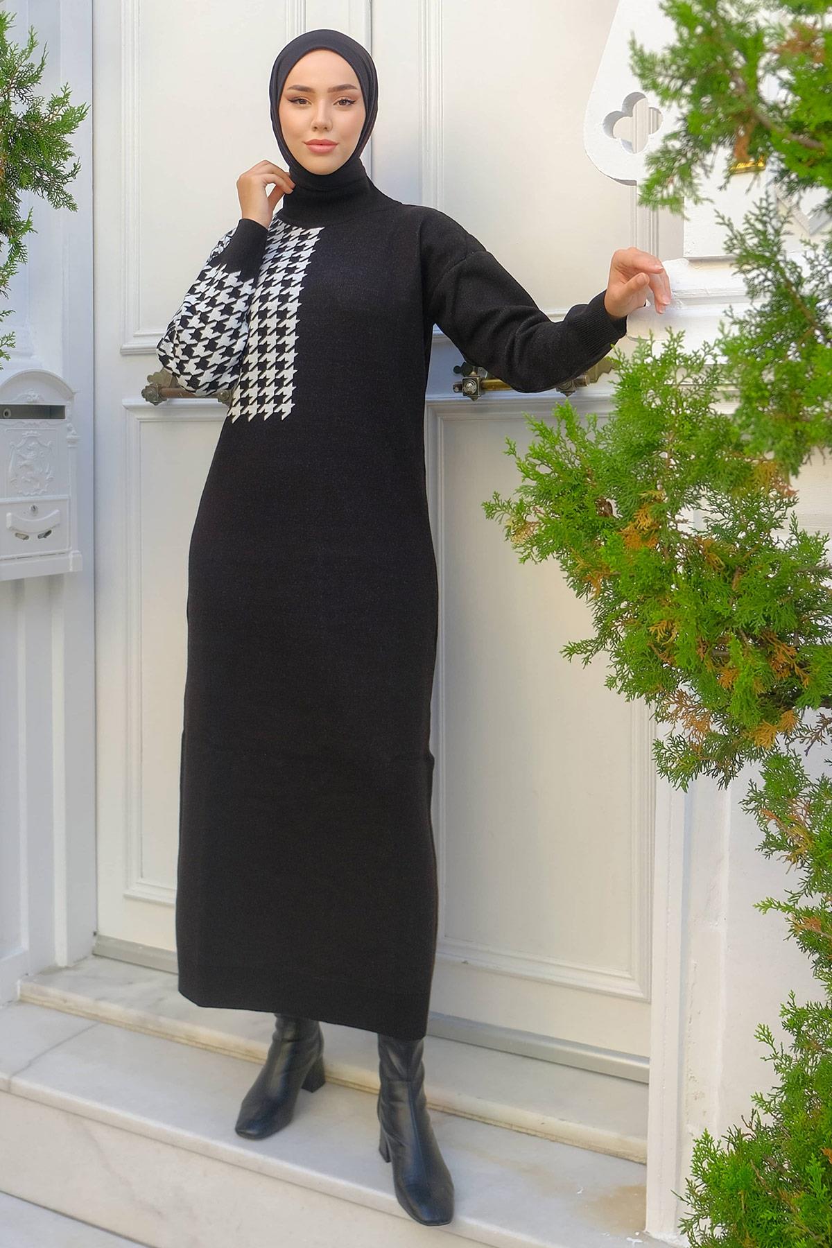 Kazayağı Desenli Triko Elbise Siyah HM2241