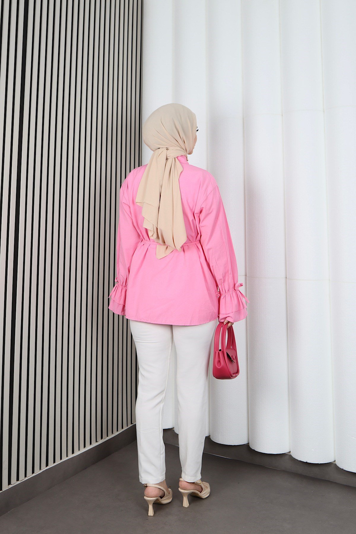 Kelebek Taş Düğme Detaylı  Bağcıklı Tunik Pembe   HNT2126