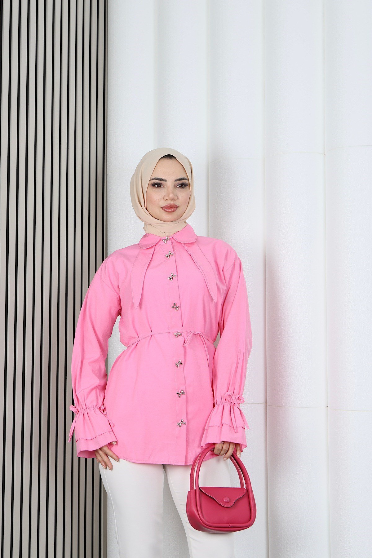 Kelebek Taş Düğme Detaylı  Bağcıklı Tunik Pembe   HNT2126