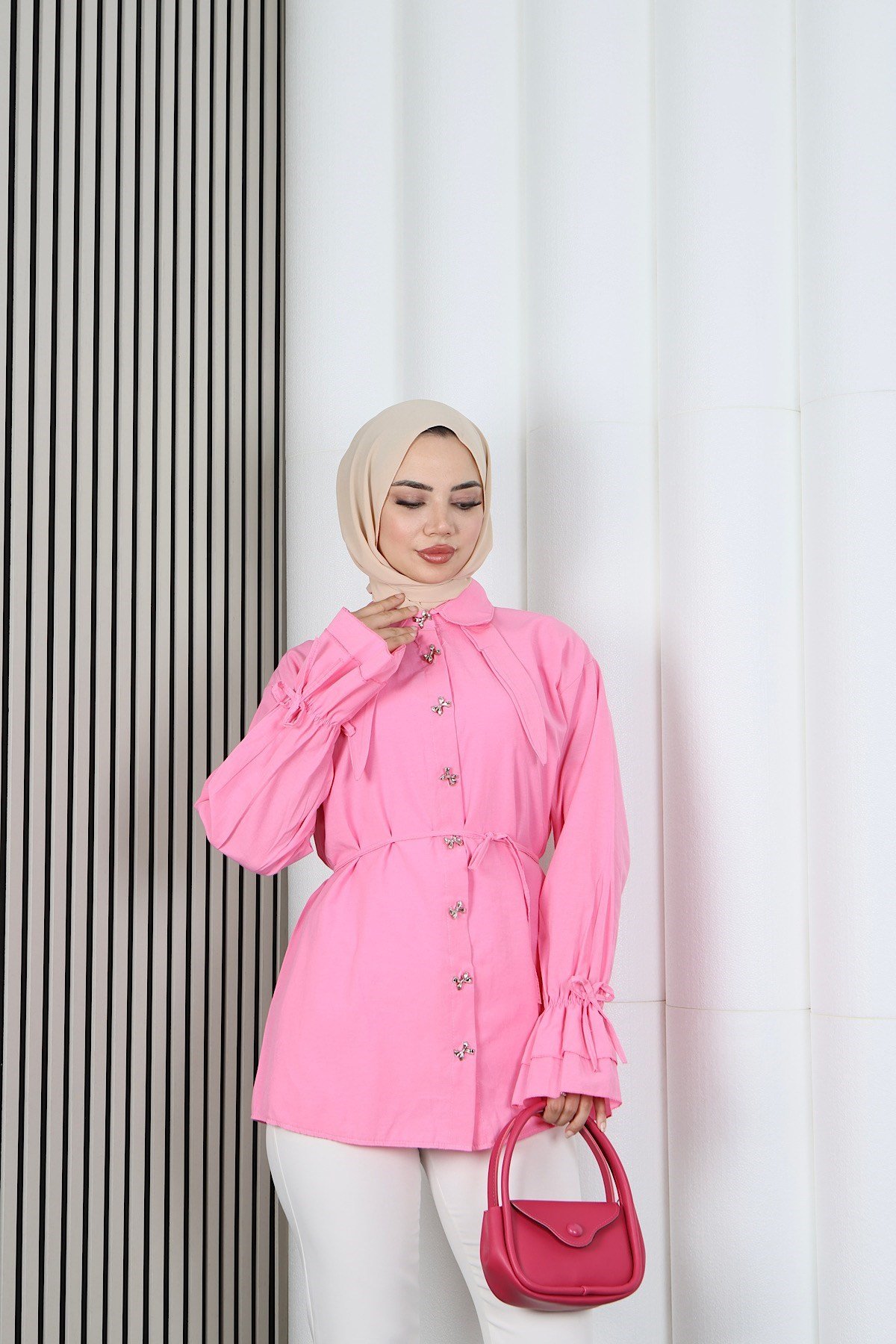 Kelebek Taş Düğme Detaylı  Bağcıklı Tunik Pembe   HNT2126