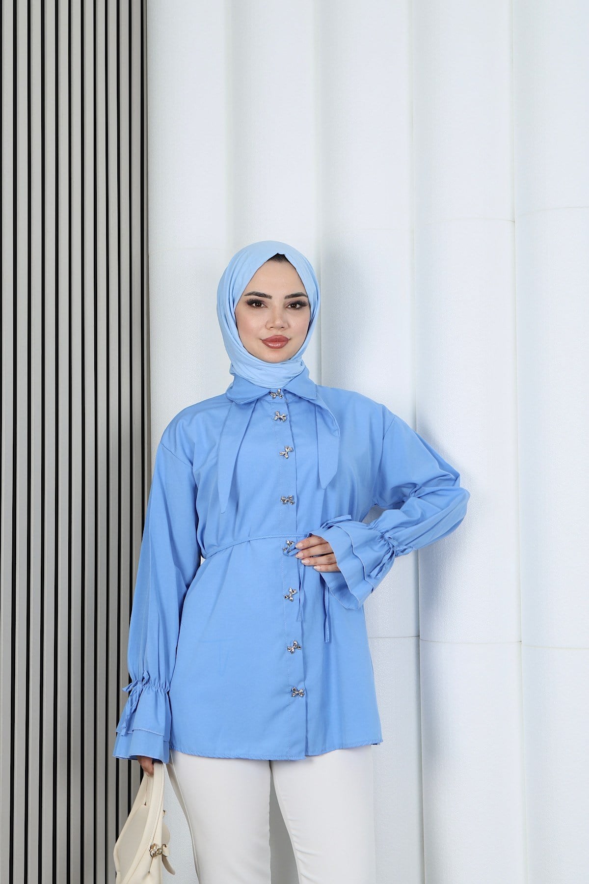 Kelebek Taş Düğme Detaylı  Bağcıklı Tunik Bebe Mavisi    HNT2126