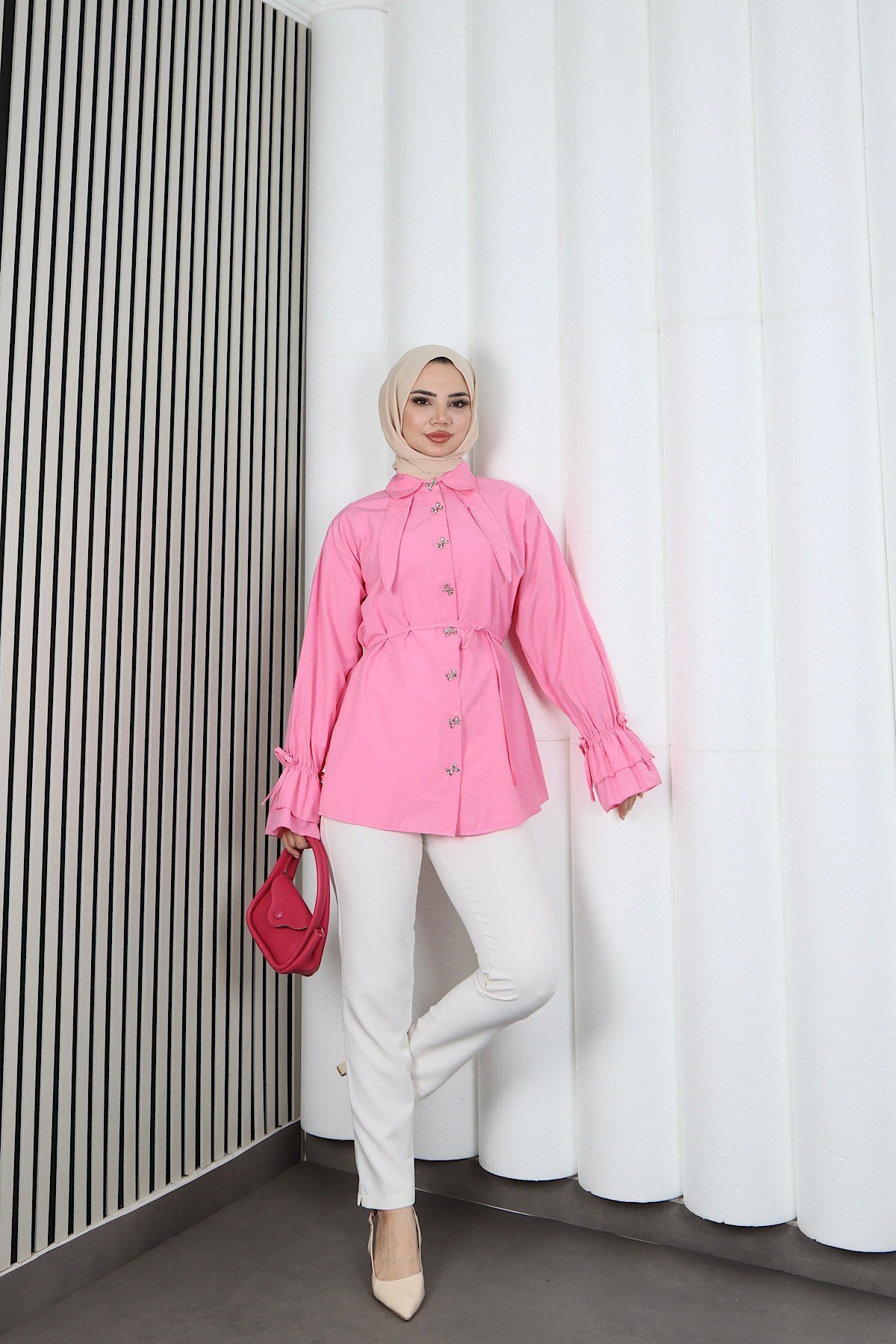 Kelebek Taş Düğme Detaylı  Bağcıklı Tunik Pembe   HNT2126