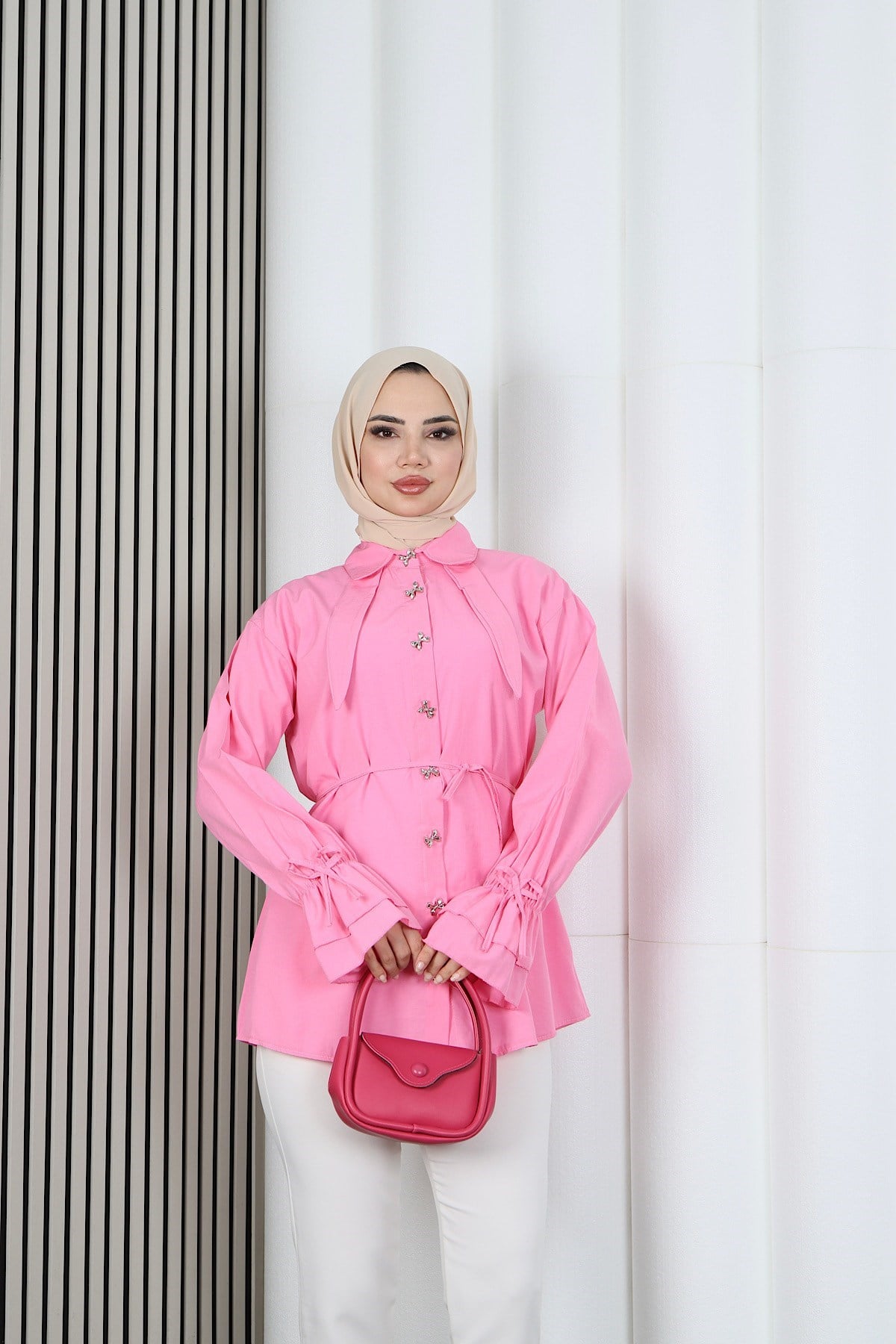 Kelebek Taş Düğme Detaylı  Bağcıklı Tunik Pembe   HNT2126