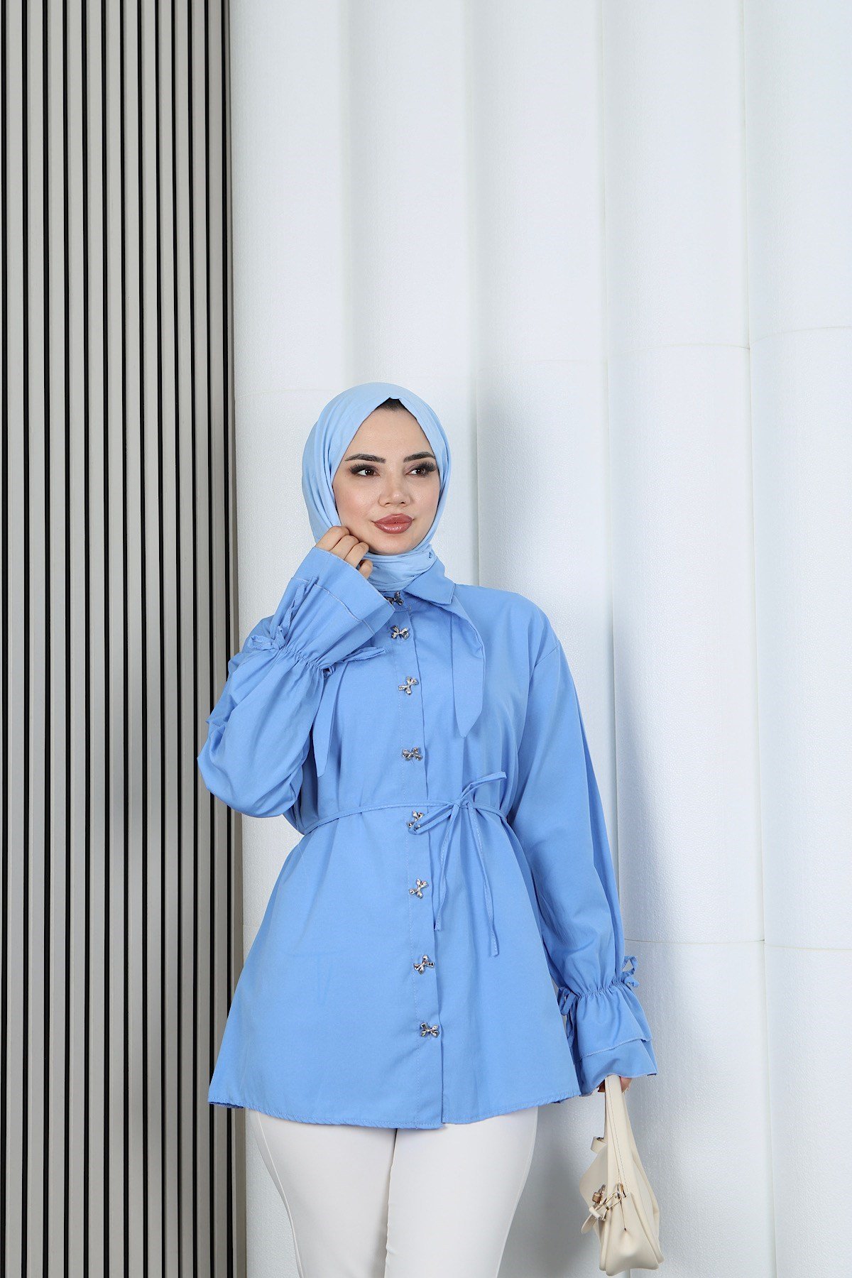 Kelebek Taş Düğme Detaylı  Bağcıklı Tunik Bebe Mavisi    HNT2126