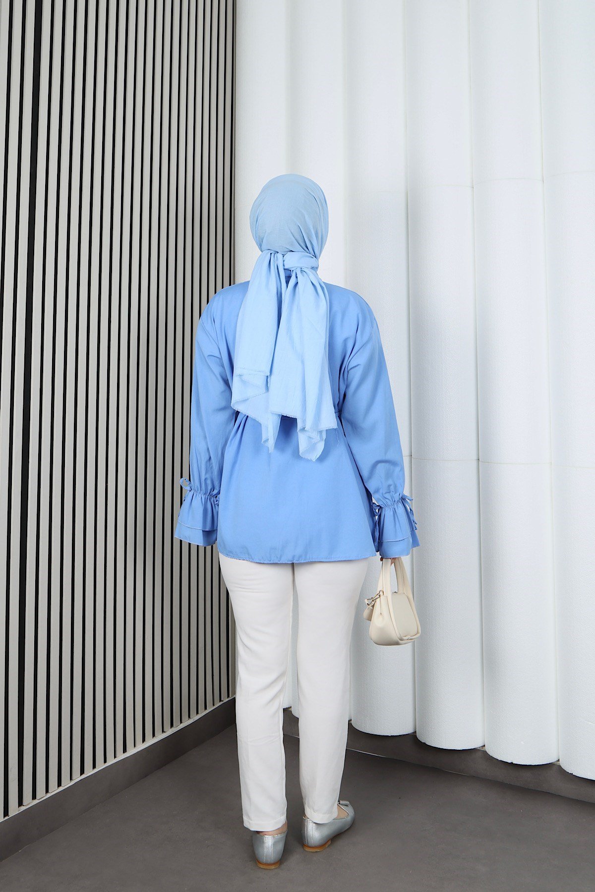 Kelebek Taş Düğme Detaylı  Bağcıklı Tunik Bebe Mavisi    HNT2126