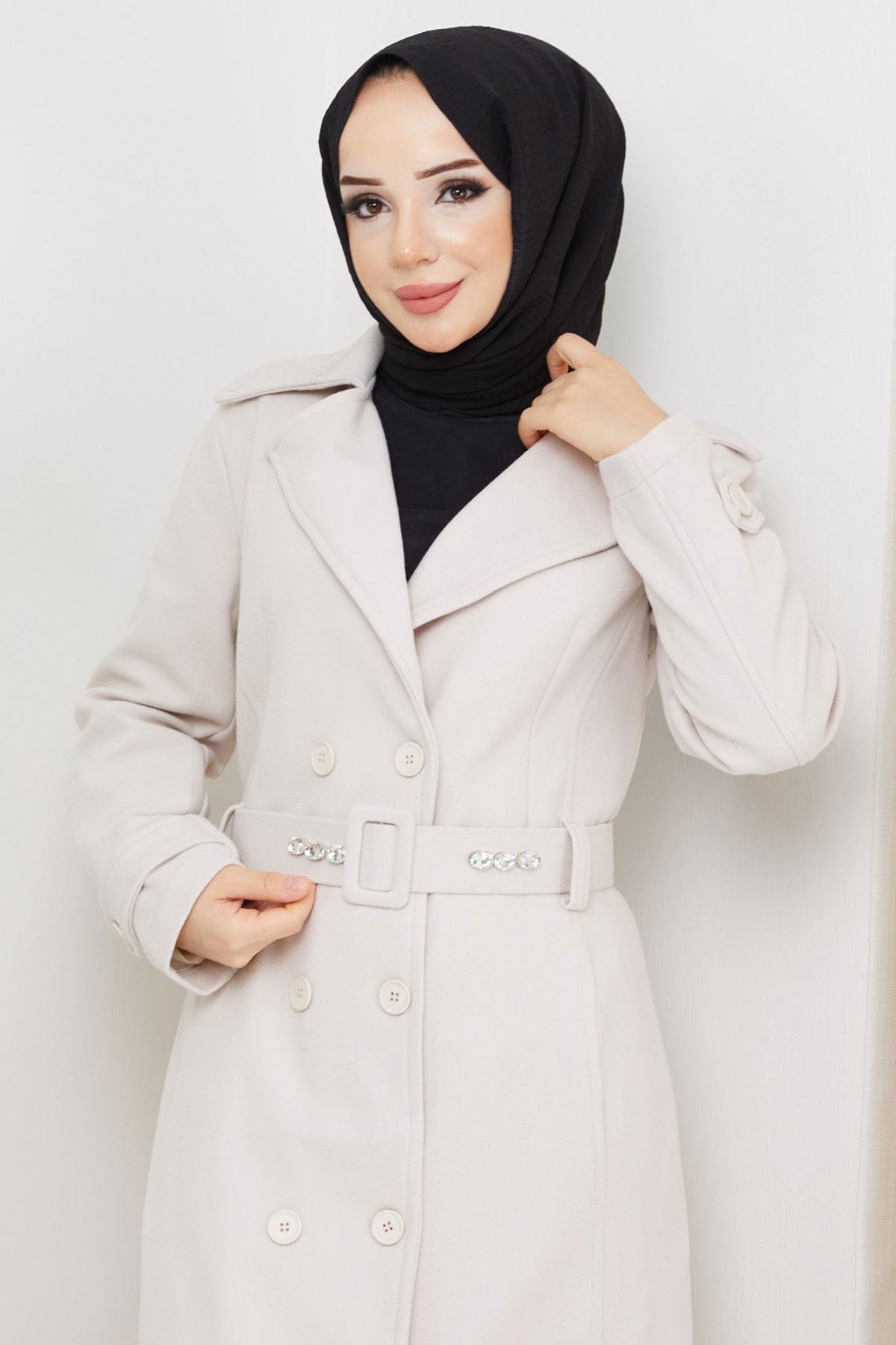 Kemeri Taşlı Düğmeli Kaşe Kaban Krem HM2590