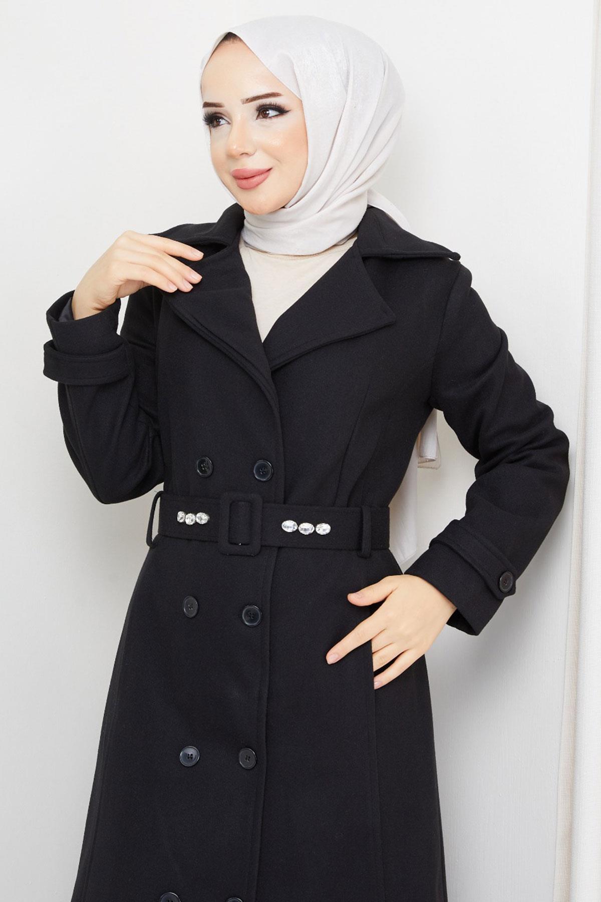 Kemeri Taşlı Düğmeli Kaşe Kaban Siyah HM2590