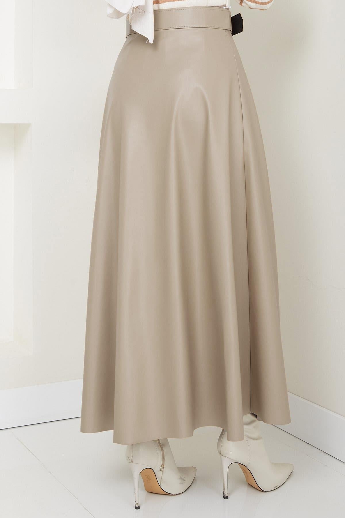 Kemerli Deri Etek Krem HM2641